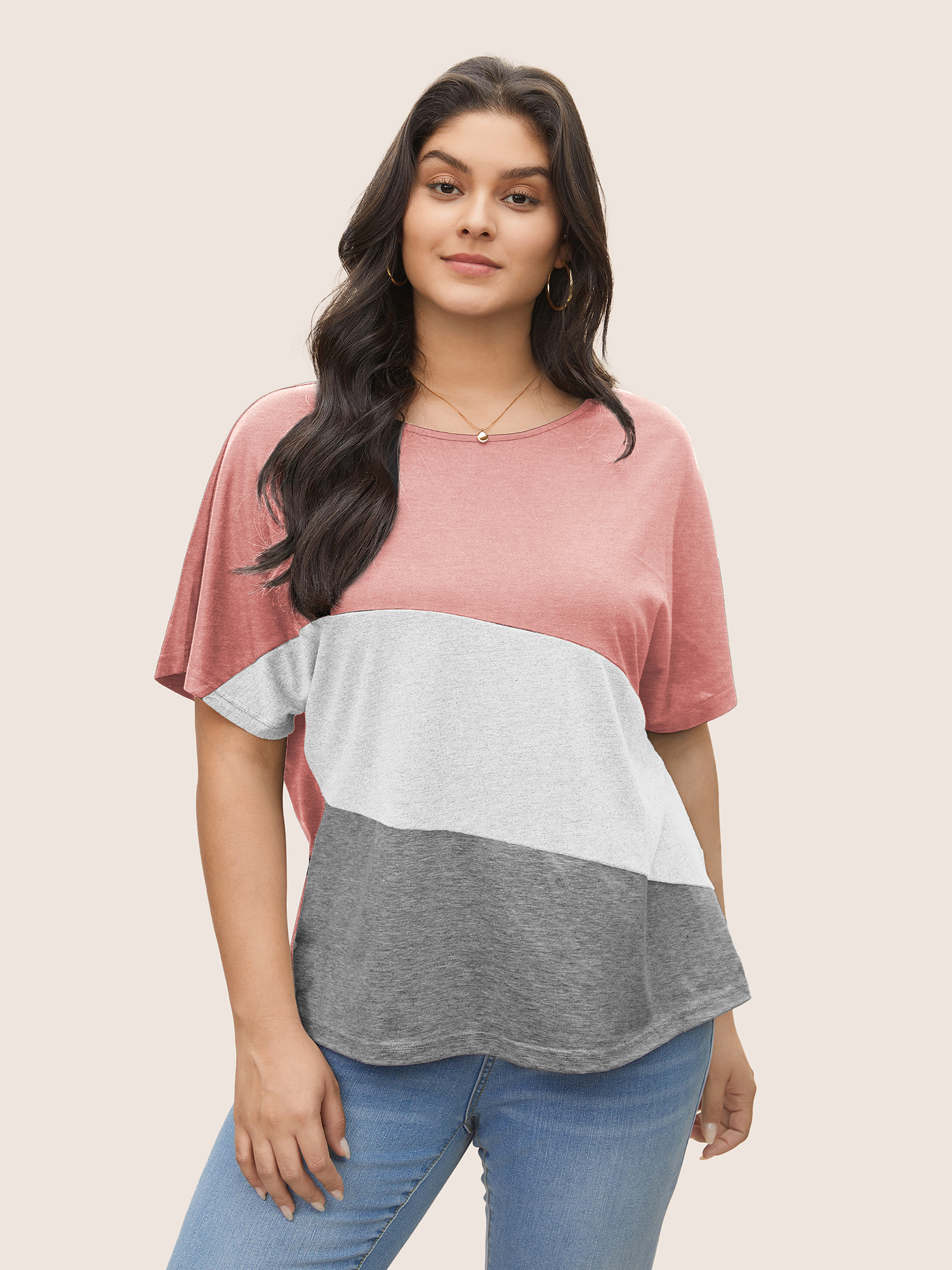 

Plus Size Colorblock Contrast Crew Neck Batwing Sleeve T-shirt Nudepink Women Casual Contrast Colorblock Round Neck Everyday T-shirts BloomChic