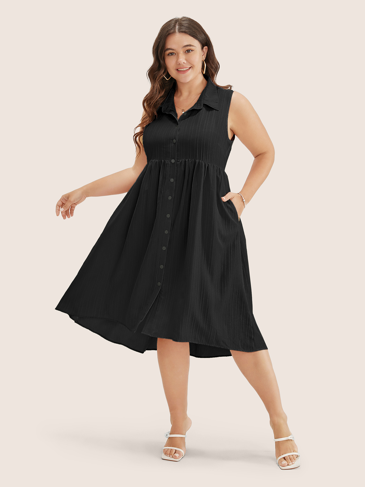 Plus Size Solid Shirt Collar Ruffle Pocket High Low Hem Button Up Dress Black Women Non Polo Sleeveless Curvy Midi Dress BloomChic 22-24/3X 