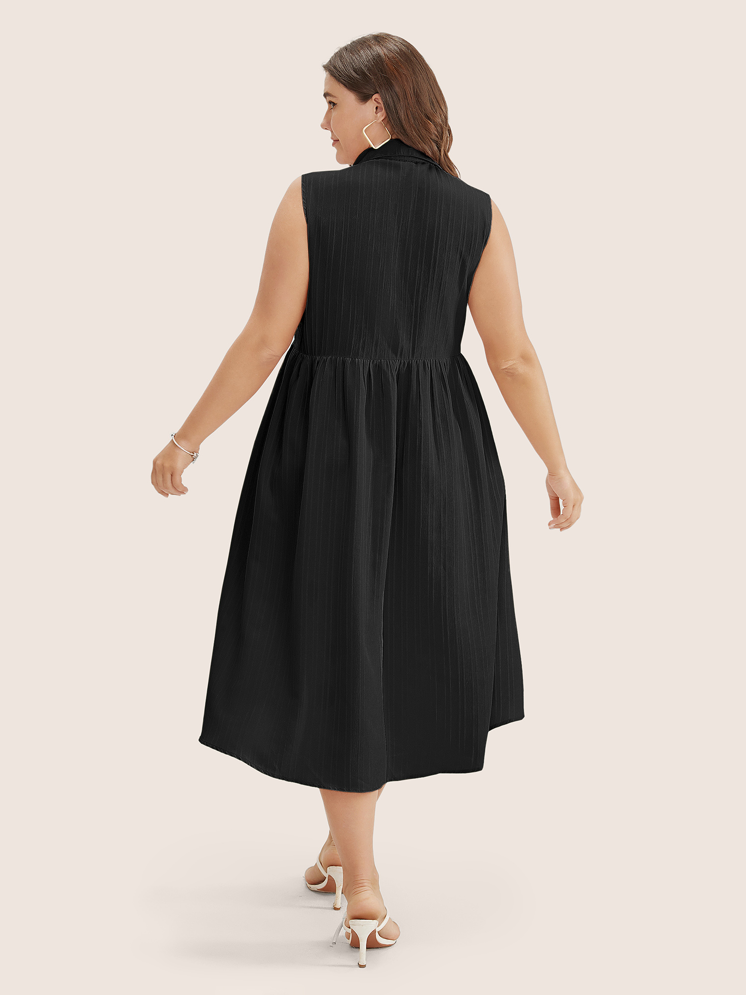 

Plus Size Solid Shirt Collar Ruffle Pocket High Low Hem Button Up Dress Black Women At the Office Non Polo Sleeveless Curvy Midi Dress BloomChic