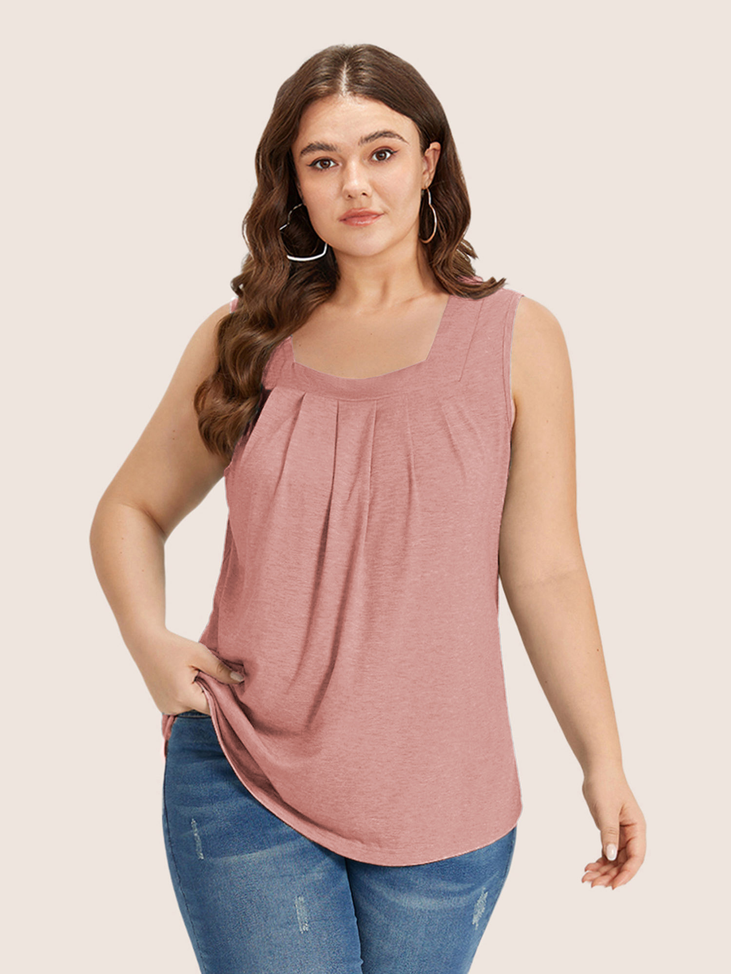 

Plus Size Heather Plicated Detail Square Neck Tank Top Women Nudepink Casual Non U-neck Everyday Tank Tops Camis BloomChic