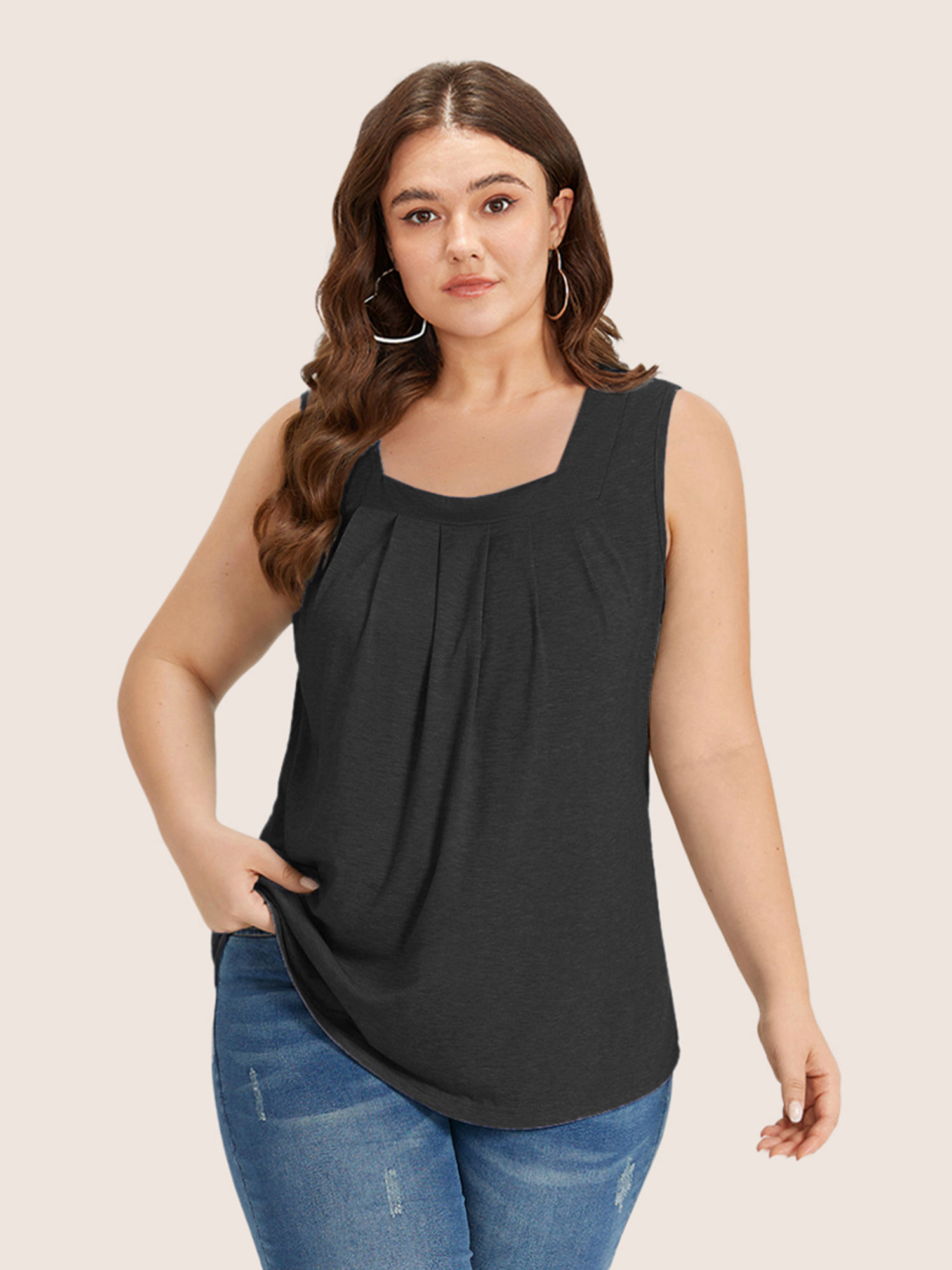 

Plus Size Heather Plicated Detail Square Neck Tank Top Women DarkGray Casual Non U-neck Everyday Tank Tops Camis BloomChic