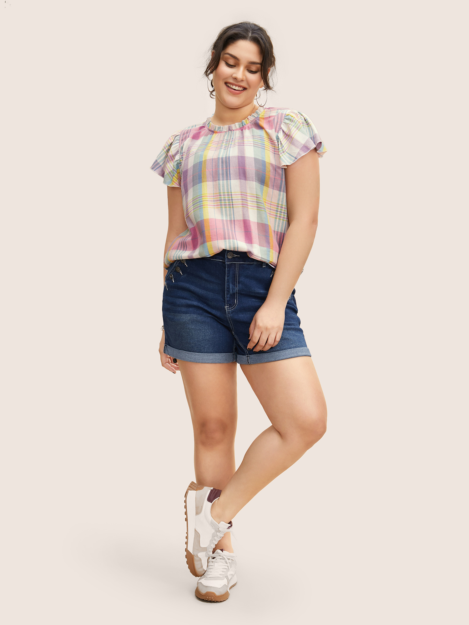 Plus Size Multicolor Crew Neck Colored Plaid Split Hem Blouse Women Casual Cap Sleeve Round Neck Everyday Blouses BloomChic 30/6X 