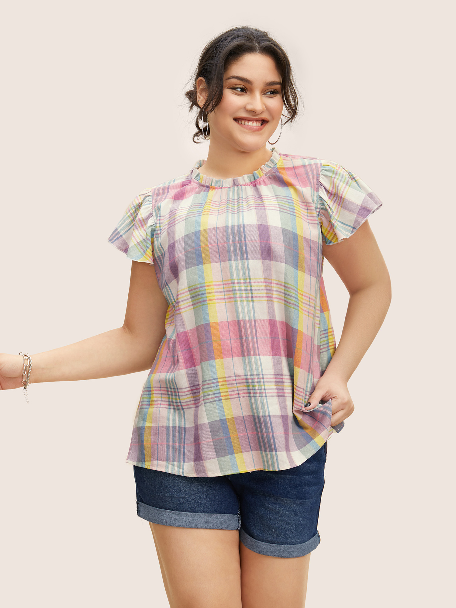 Plus Size Multicolor Crew Neck Colored Plaid Split Hem Blouse Women Casual Cap Sleeve Round Neck Everyday Blouses BloomChic 30/6X 