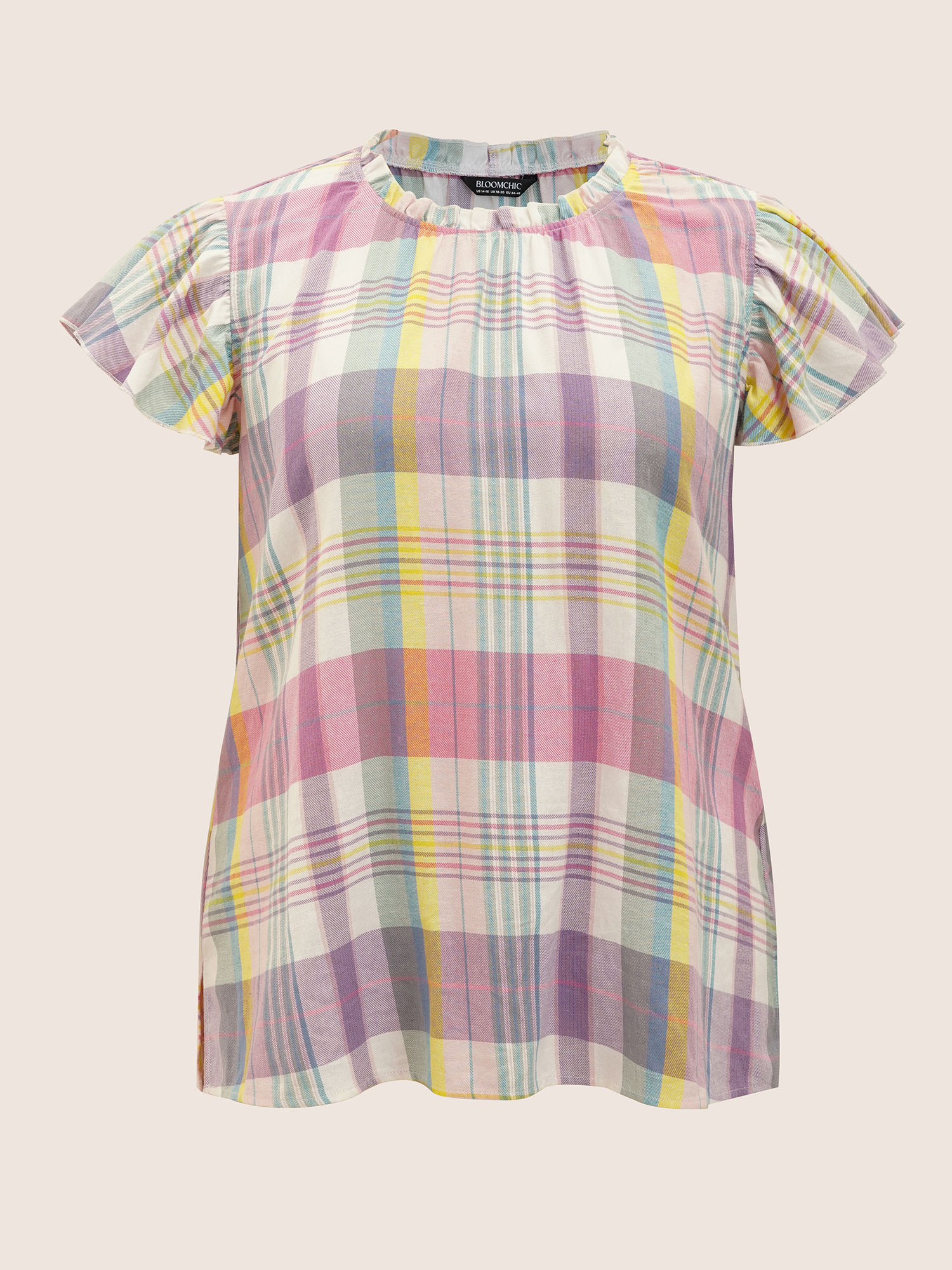 Plus Size Multicolor Crew Neck Colored Plaid Split Hem Blouse Women Casual Cap Sleeve Round Neck Everyday Blouses BloomChic 30/6X 