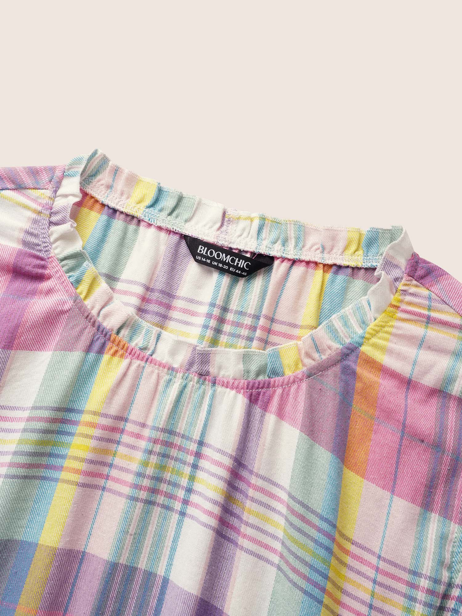 Plus Size Multicolor Crew Neck Colored Plaid Split Hem Blouse Women Casual Cap Sleeve Round Neck Everyday Blouses BloomChic 30/6X 