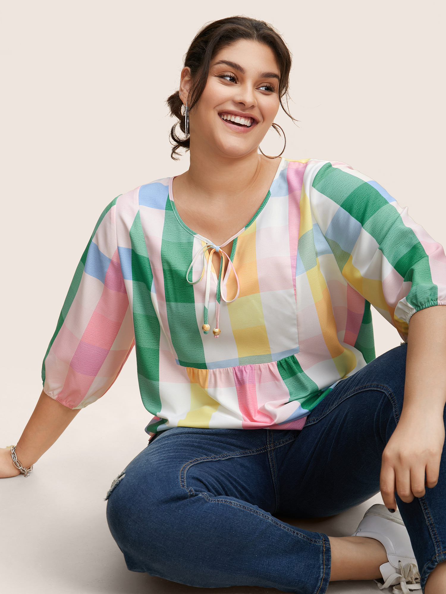 

Plus Size Multicolor Contrast Plaid Tie Knot Lantern Sleeve Blouse Women Casual Elbow-length sleeve V-neck Everyday Blouses BloomChic