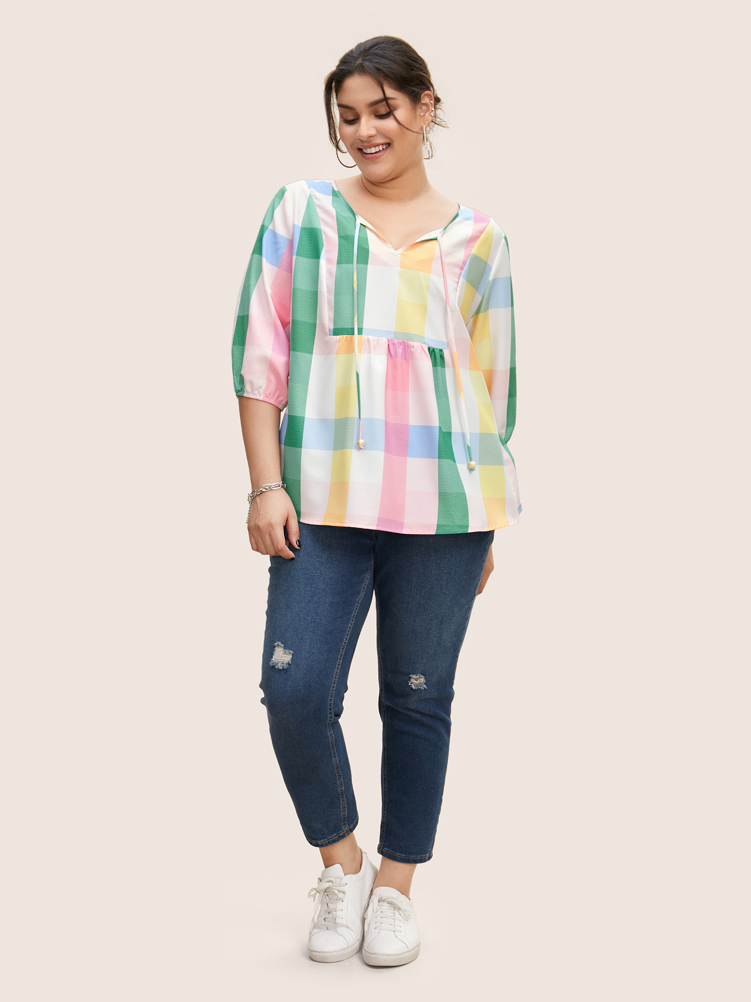 Plus Size Multicolor Contrast Plaid Tie Knot Lantern Sleeve Blouse Women Casual Elbow-length sleeve V-neck Everyday Blouses BloomChic 10/M 