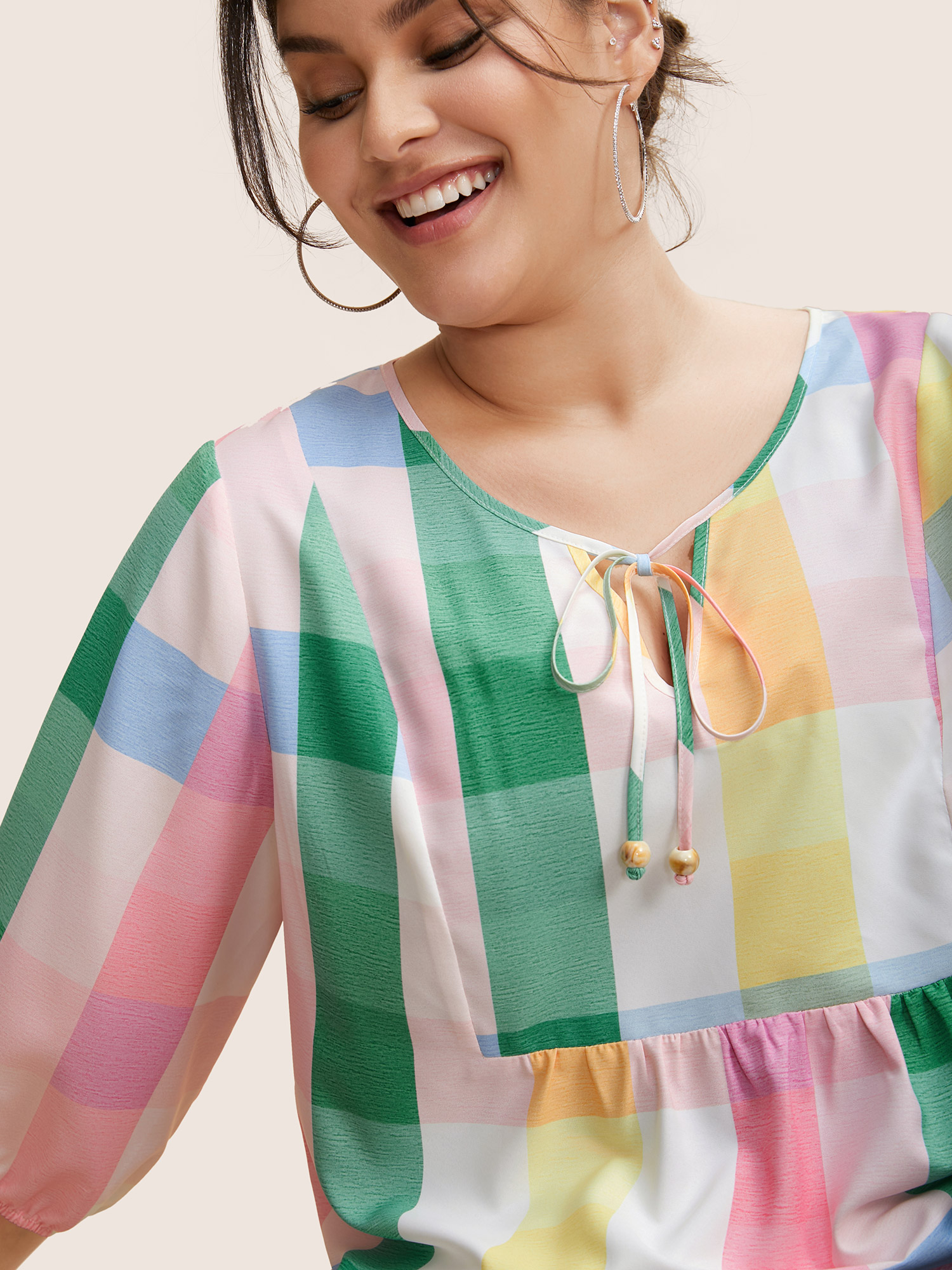 Plus Size Multicolor Contrast Plaid Tie Knot Lantern Sleeve Blouse Women Casual Elbow-length sleeve V-neck Everyday Blouses BloomChic 10/M 