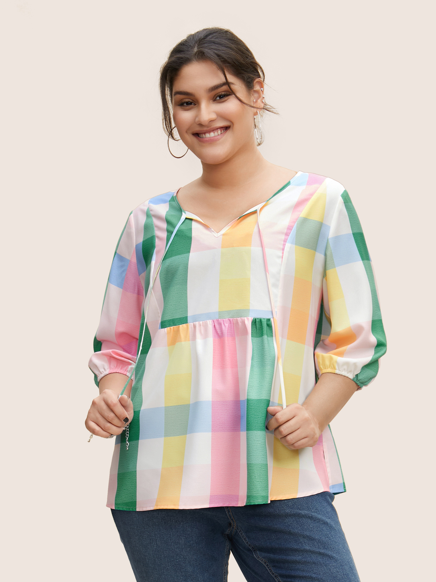 Plus Size Multicolor Contrast Plaid Tie Knot Lantern Sleeve Blouse Women Casual Elbow-length sleeve V-neck Everyday Blouses BloomChic 10/M 