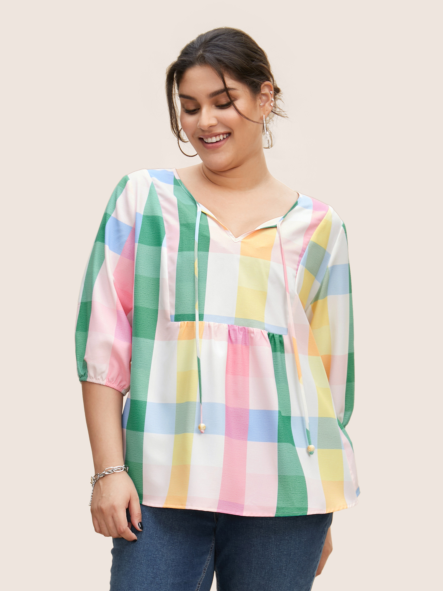 Plus Size Multicolor Contrast Plaid Tie Knot Lantern Sleeve Blouse Women Casual Elbow-length sleeve V-neck Everyday Blouses BloomChic 10/M 