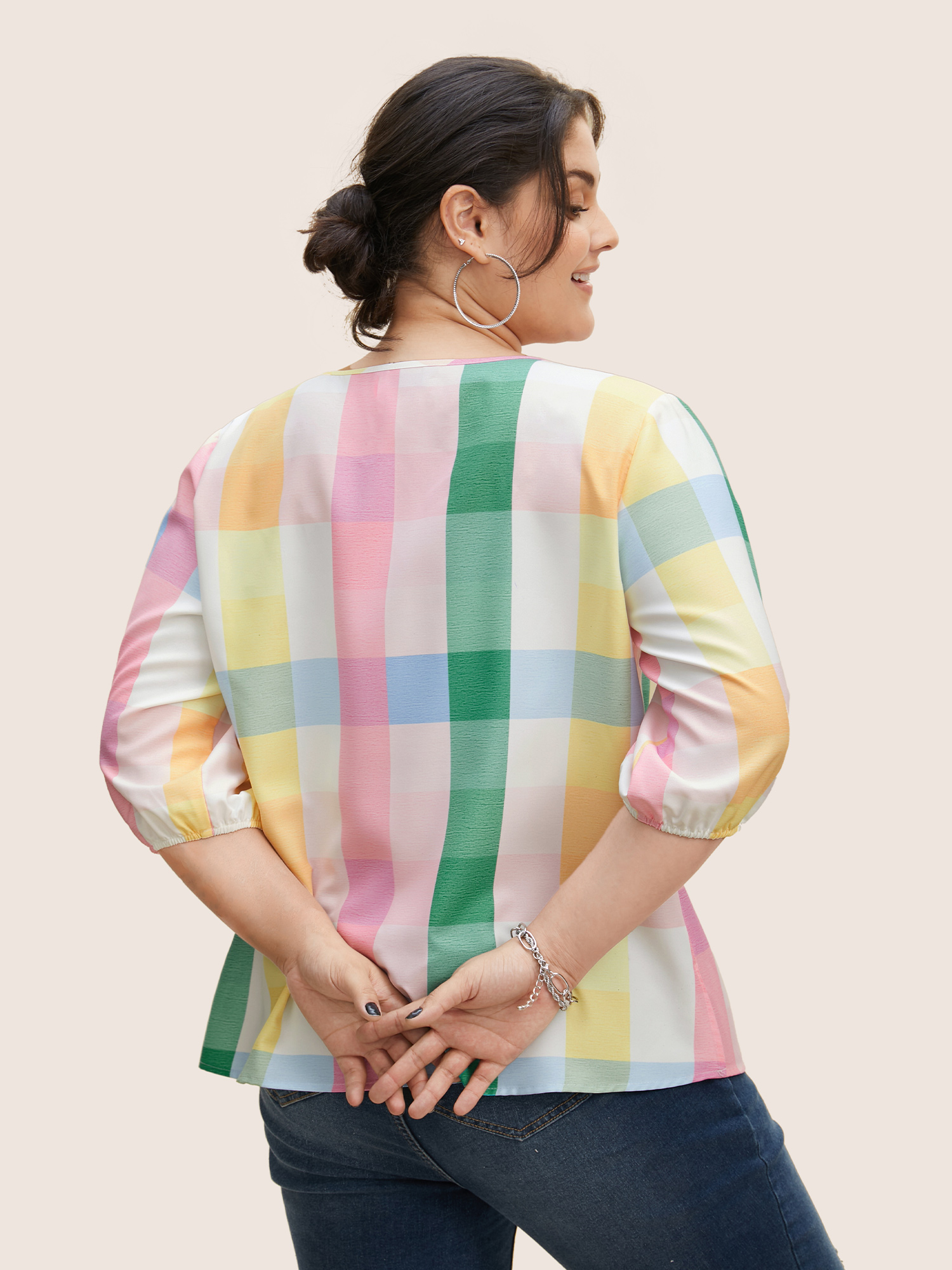Plus Size Multicolor Contrast Plaid Tie Knot Lantern Sleeve Blouse Women Casual Elbow-length sleeve V-neck Everyday Blouses BloomChic 10/M 