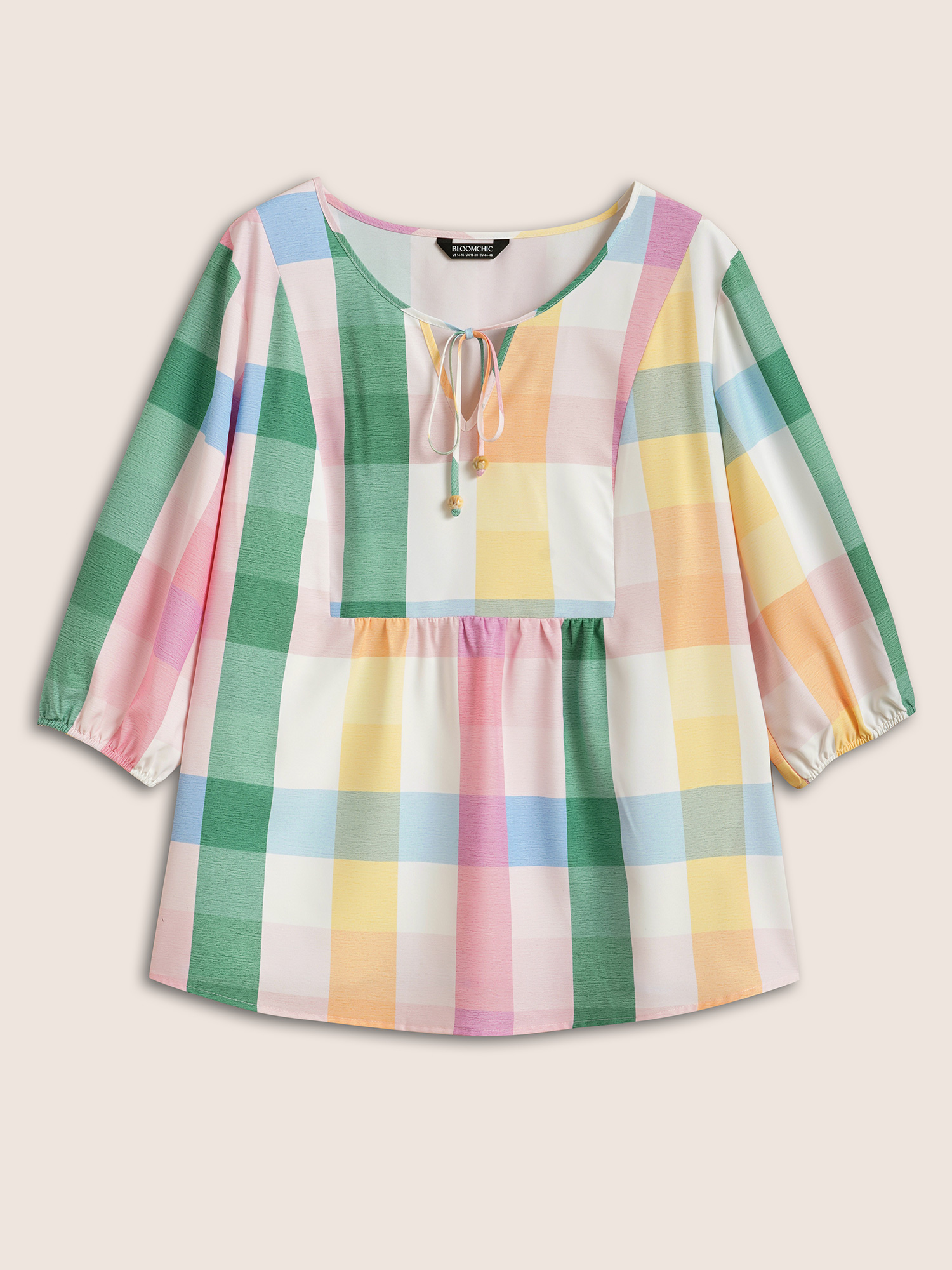 Plus Size Multicolor Contrast Plaid Tie Knot Lantern Sleeve Blouse Women Casual Elbow-length sleeve V-neck Everyday Blouses BloomChic 10/M 