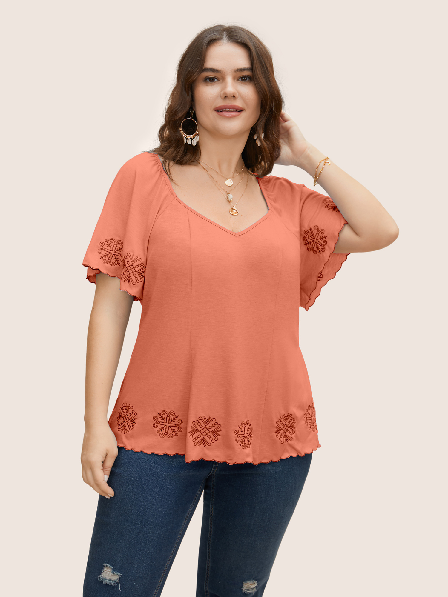 

Plus Size Bandana Floral Embroidered Ruffle Sleeve T-shirt Salmon Women Resort Embroidered Heart neckline Vacation T-shirts BloomChic