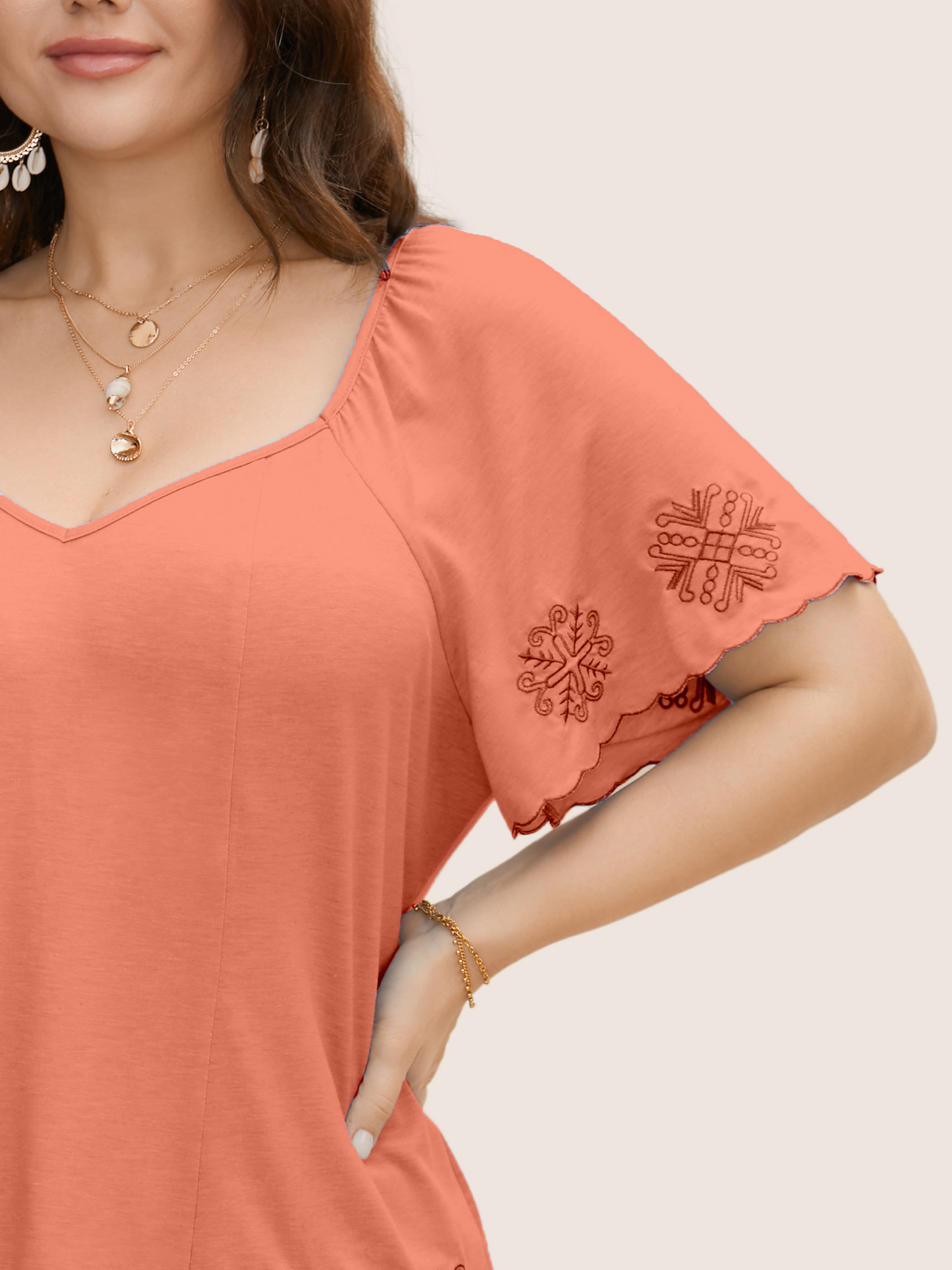 

Plus Size Bandana Floral Embroidered Ruffle Sleeve T-shirt Salmon Women Resort Embroidered Heart neckline Vacation T-shirts BloomChic