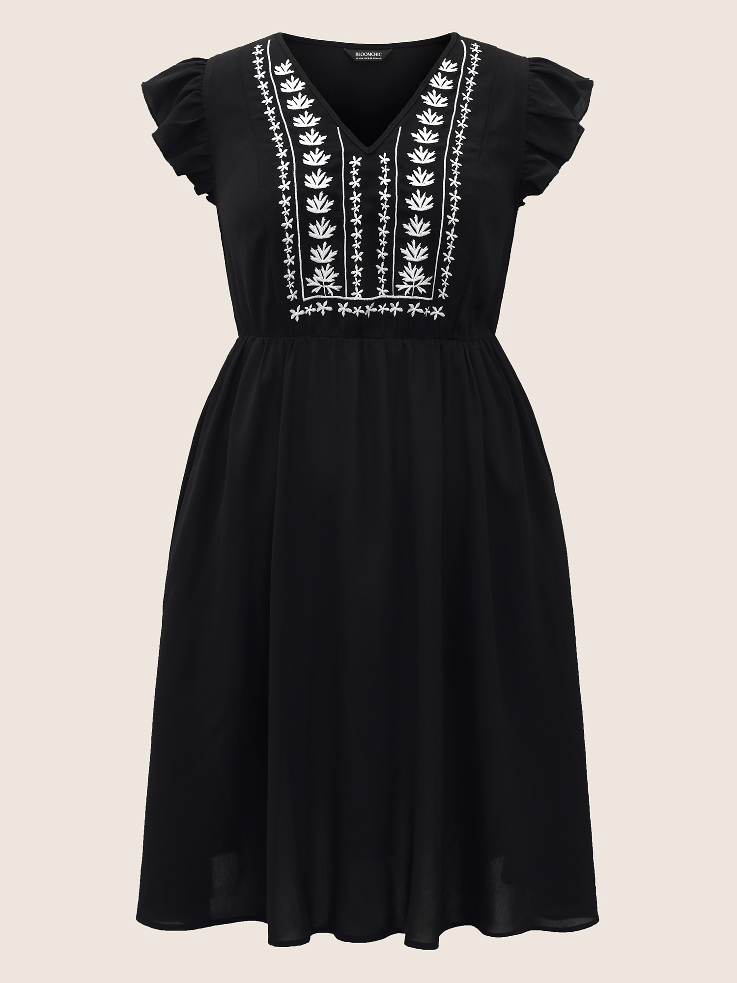 Plus Size Floral Embroidered V Neck Ruffle Cap Sleeve Dress Black Women Embroidered V-neck Cap Sleeve Curvy BloomChic 12/L 