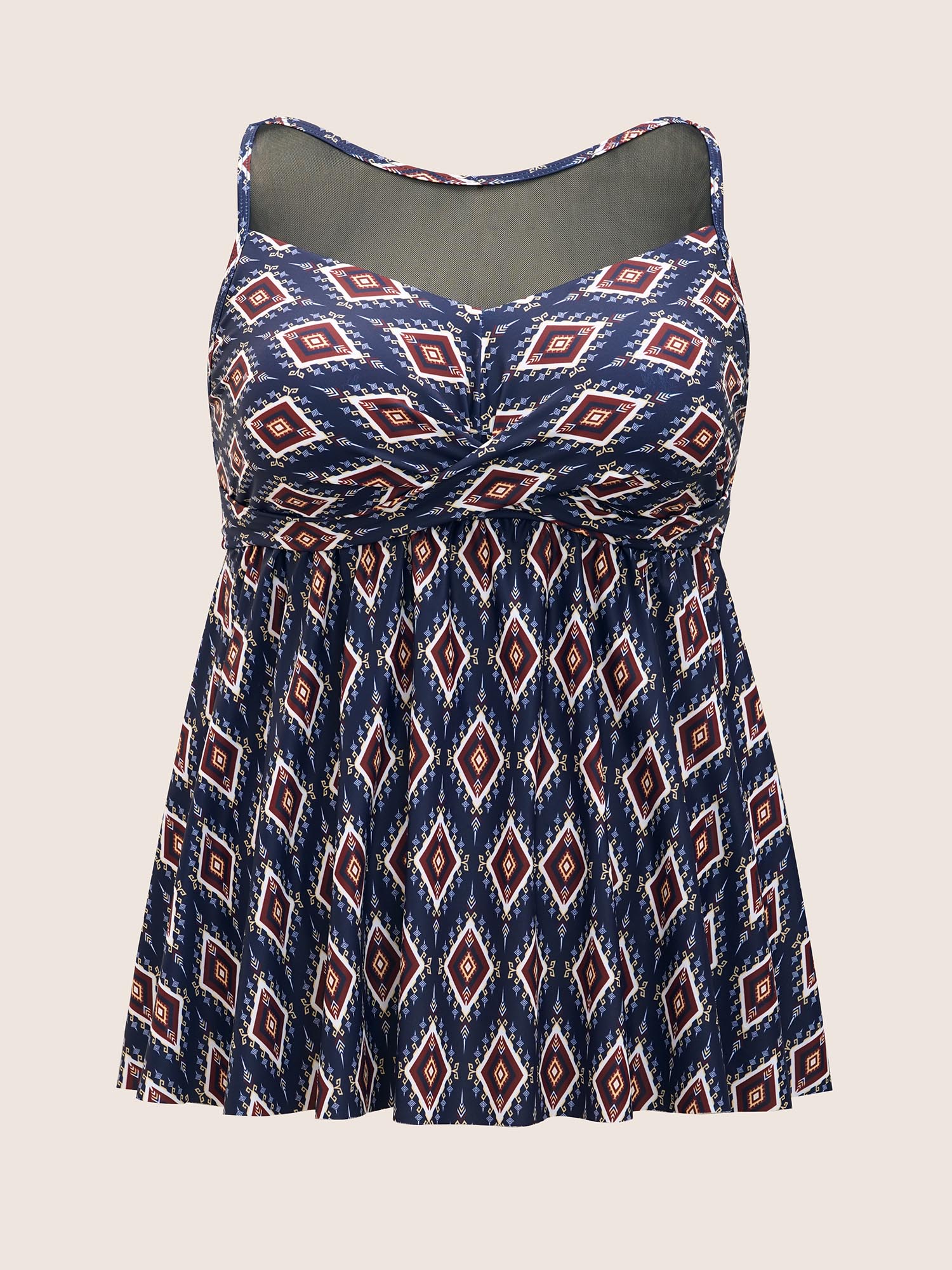 Plus Size Boho Print Twist Front Patchwork Mesh Swim Top Women`s Swimwear Indigo Beach Twist High stretch Bodycon Round Neck Curve Swim Tops BloomChic 18-20/2X 