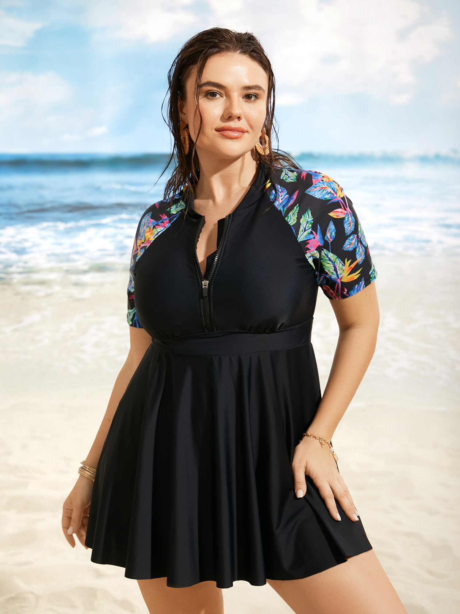 

Plus Size Tropical Print Half Zip Raglan Sleeve Swim Dress Women's Swimwear Black Beach Bodycon Stand-up collar High stretch Curve Swim Dresses BloomChic