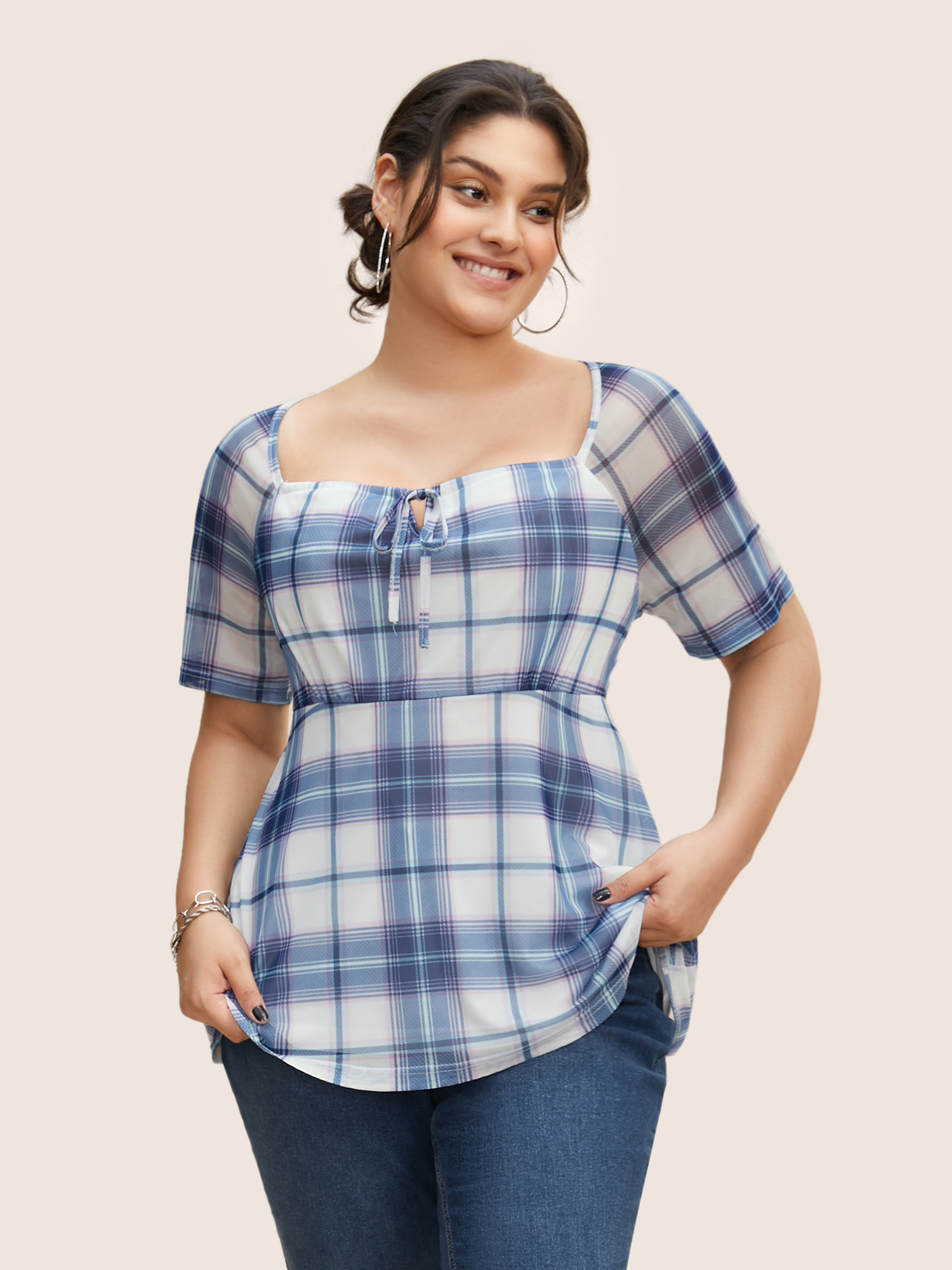 

Plus Size Square Neck Plaid Drawstring Raglan Sleeve T-shirt Multicolor Women Casual Drawstring Square Neck Everyday T-shirts BloomChic