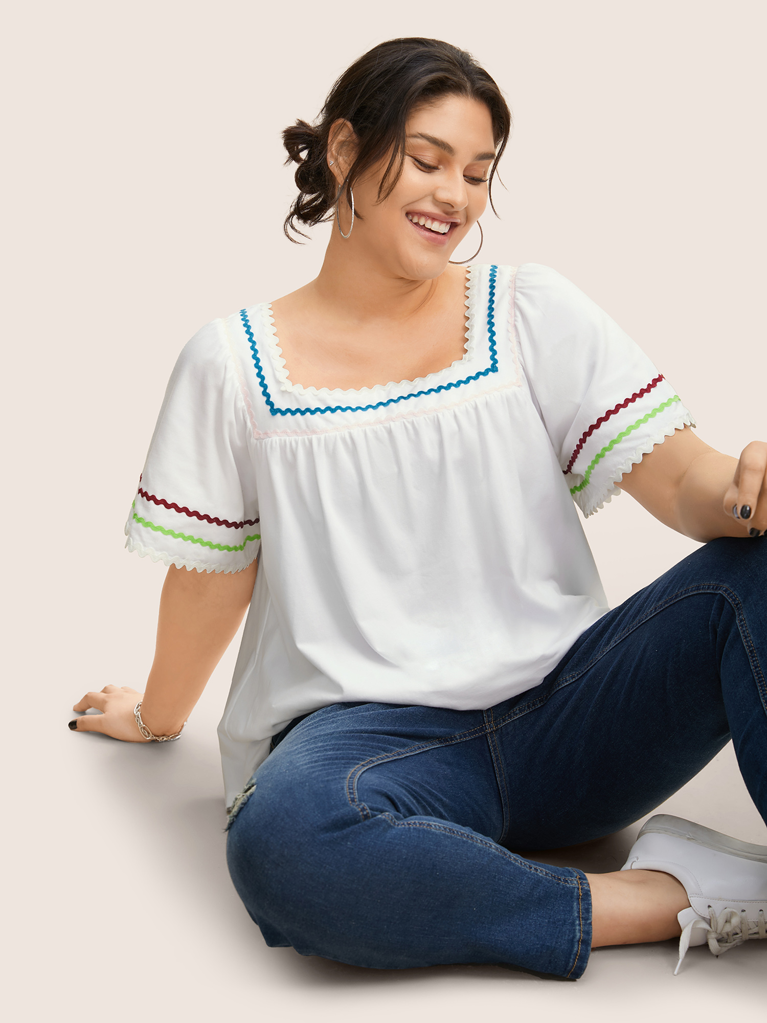 

Plus Size Square Neck Woven Ribbon Contrast Ruffle Sleeve T-shirt Originalwhite Women Casual Woven ribbon&lace trim Square Neck Everyday T-shirts BloomChic