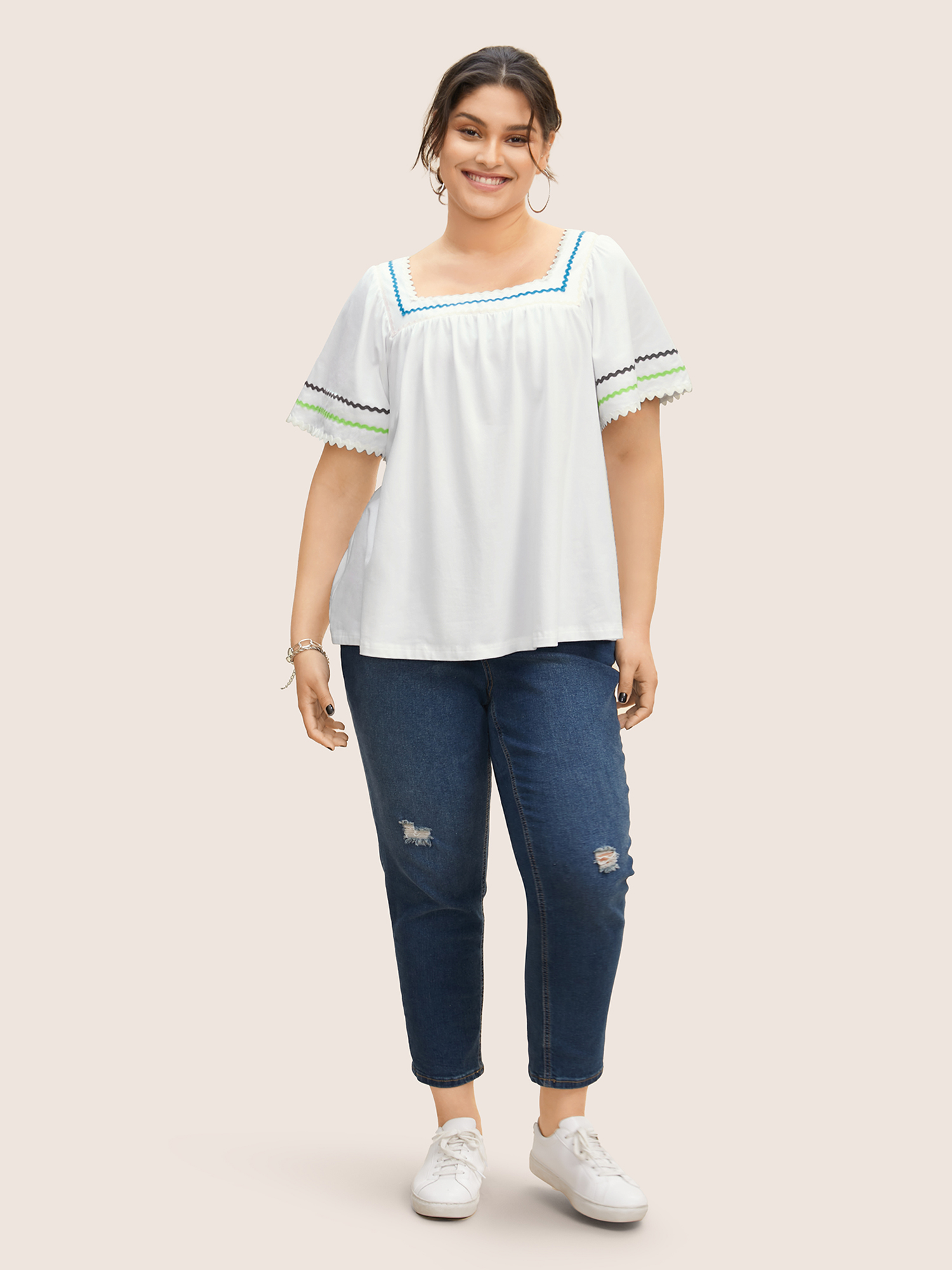 Plus Size Cotton Woven Ribbon Contrast Ruffle Sleeve T-shirt Originalwhite Women Casual Woven ribbon&lace trim Square Neck Everyday T-shirts BloomChic 22-24/3X 