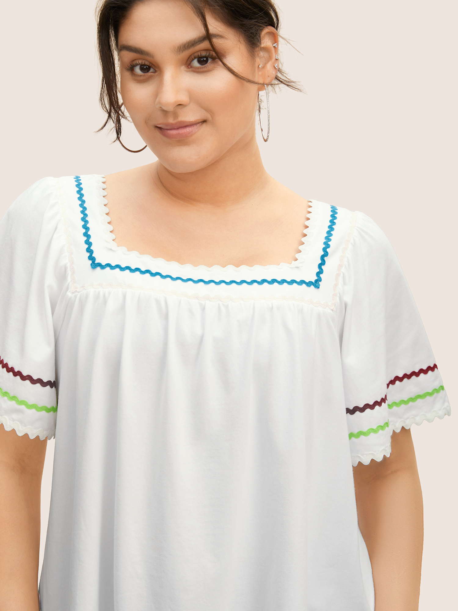 Plus Size Cotton Woven Ribbon Contrast Ruffle Sleeve T-shirt Originalwhite Women Casual Woven ribbon&lace trim Square Neck Everyday T-shirts BloomChic 22-24/3X 