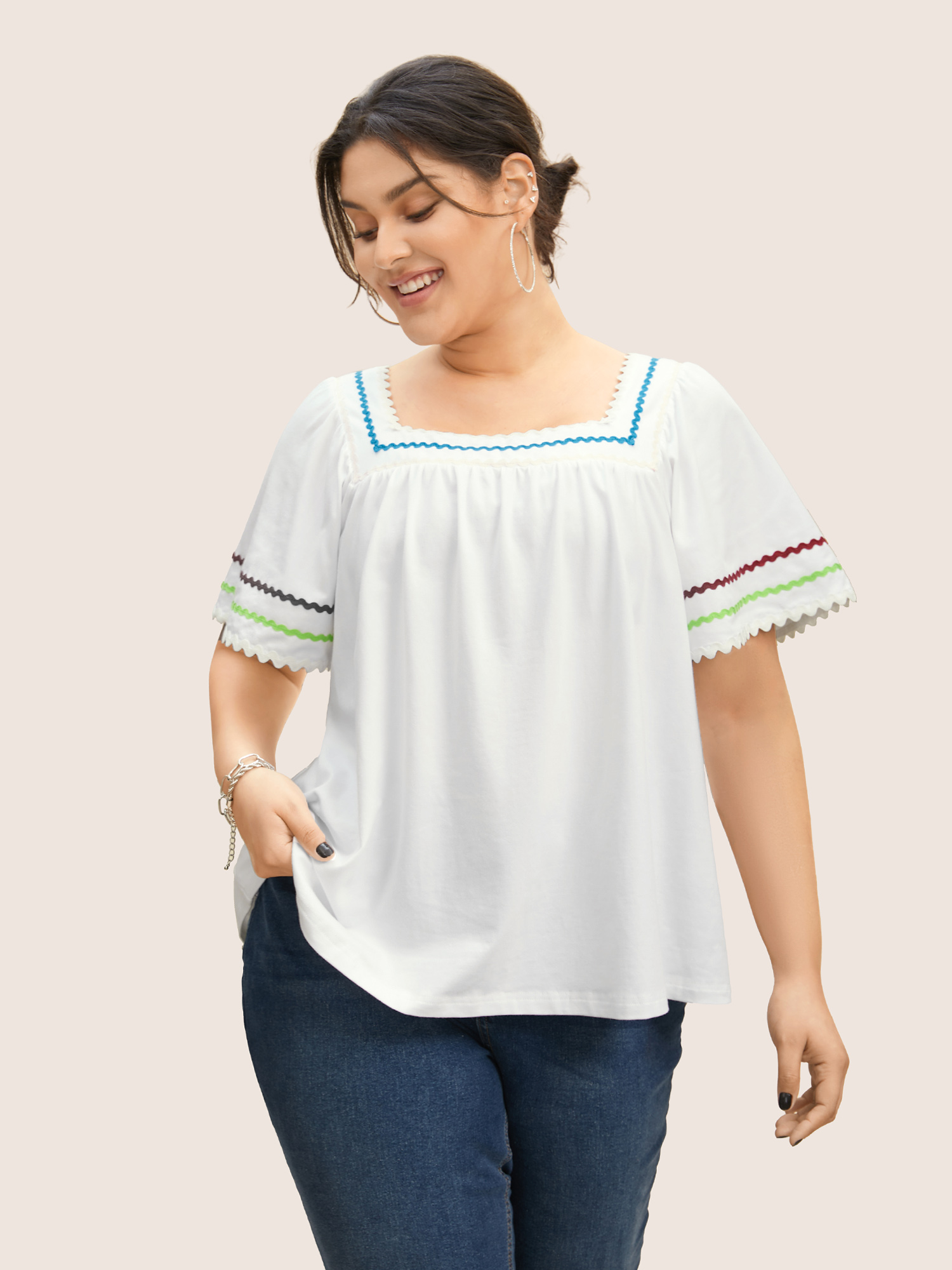 

Plus Size Cotton Woven Ribbon Contrast Ruffle Sleeve T-shirt Originalwhite Women Casual Woven ribbon&lace trim Square Neck Everyday T-shirts BloomChic