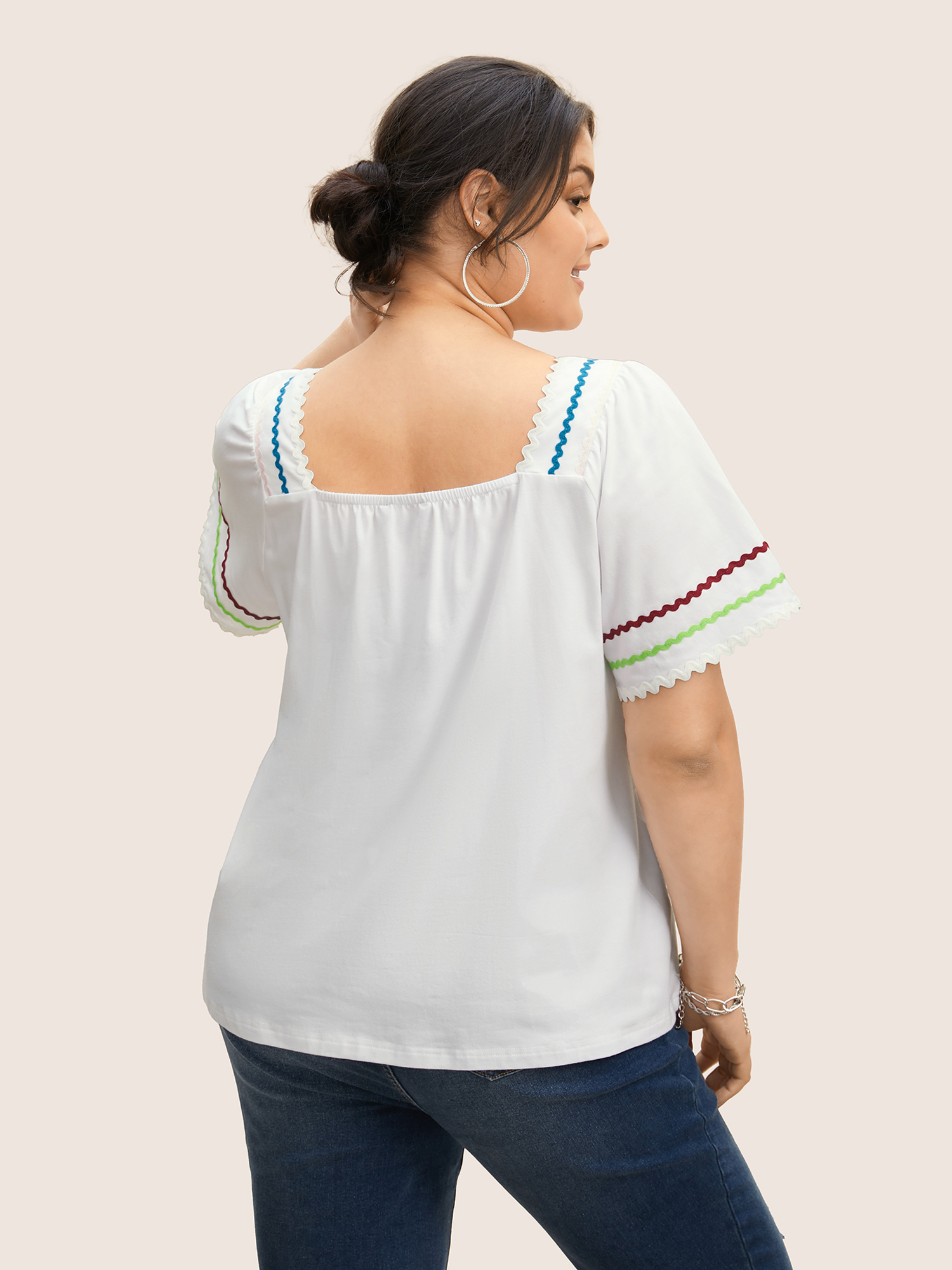 Plus Size Cotton Woven Ribbon Contrast Ruffle Sleeve T-shirt Originalwhite Women Casual Woven ribbon&lace trim Square Neck Everyday T-shirts BloomChic 22-24/3X 