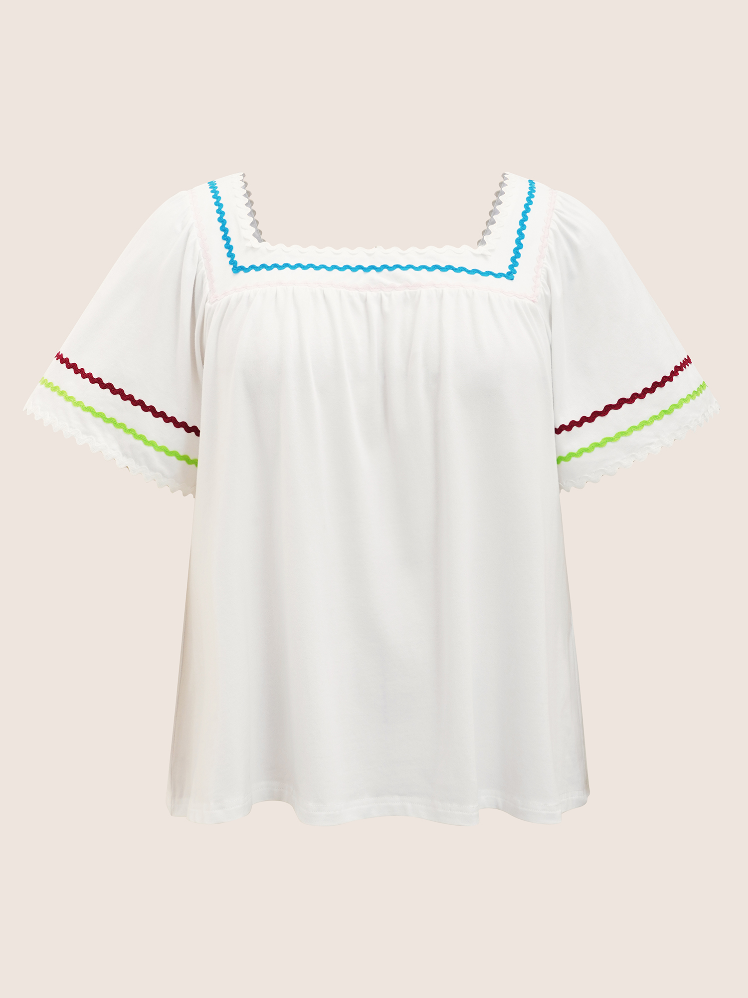 Plus Size Cotton Woven Ribbon Contrast Ruffle Sleeve T-shirt Originalwhite Women Casual Woven ribbon&lace trim Square Neck Everyday T-shirts BloomChic 22-24/3X 