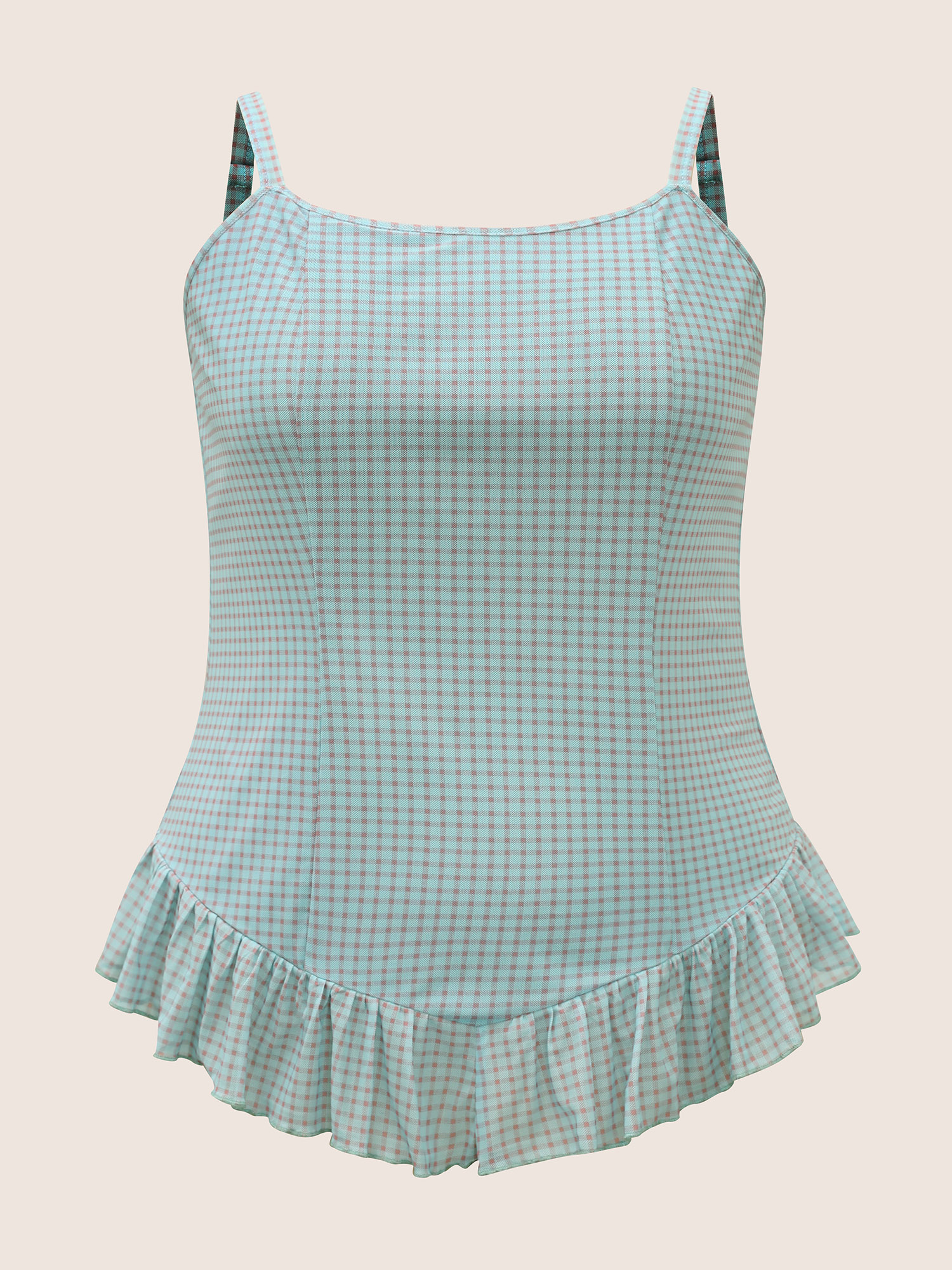

Plus Size Gingham Adjustable Straps Ruffle Trim Cami Top Women Mint Casual Gathered Non Everyday Tank Tops Camis BloomChic