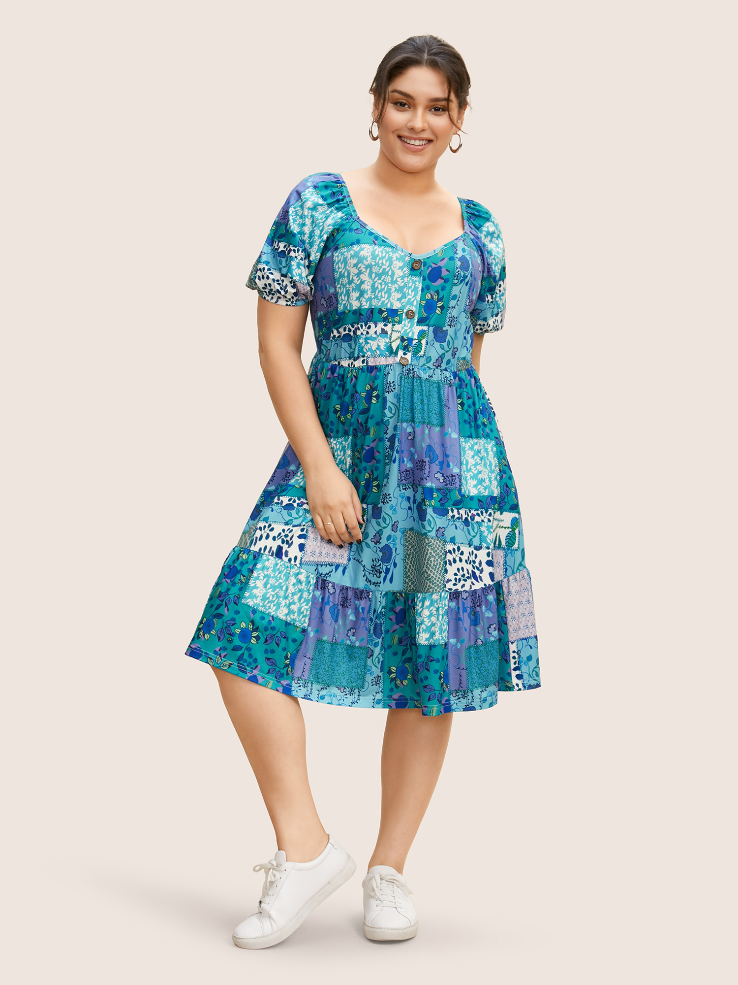 

Plus Size Patchwork Boho Print Raglan Sleeve Midi Dress Cerulean Women Casual V-neck Short sleeve Curvy BloomChic