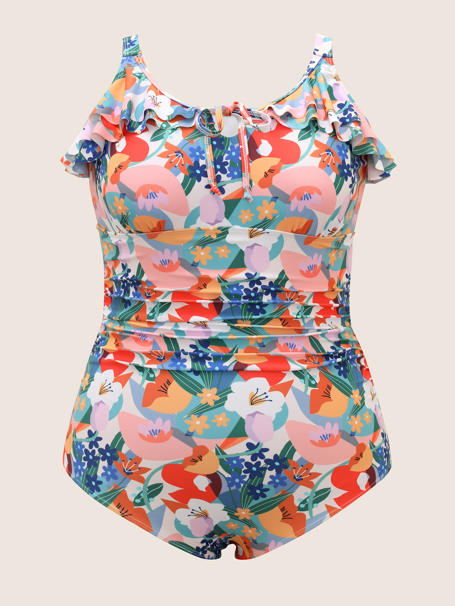 Plus Size Floral Tie Knot Ruffle Trim One Piece Swimsuit Women`s Swimwear Multicolor Beach Tie knot Curve Bathing Suits High stretch One Pieces BloomChic 30/6X 