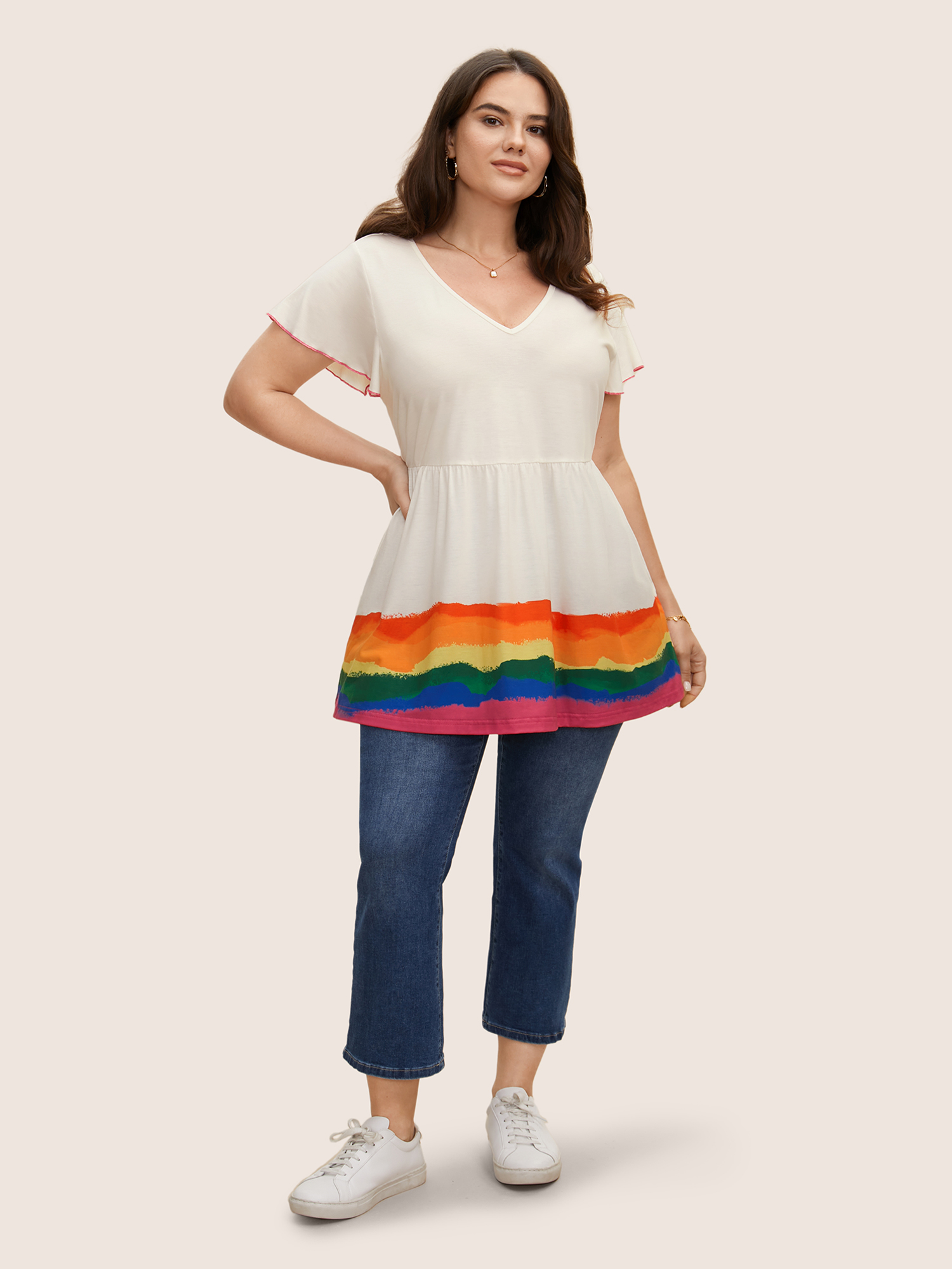 Plus Size V Neck Colorblock Contrast Ruffle Sleeve T-shirt WhiteSmoke Women Casual Contrast V-neck Everyday T-shirts BloomChic 10/M 