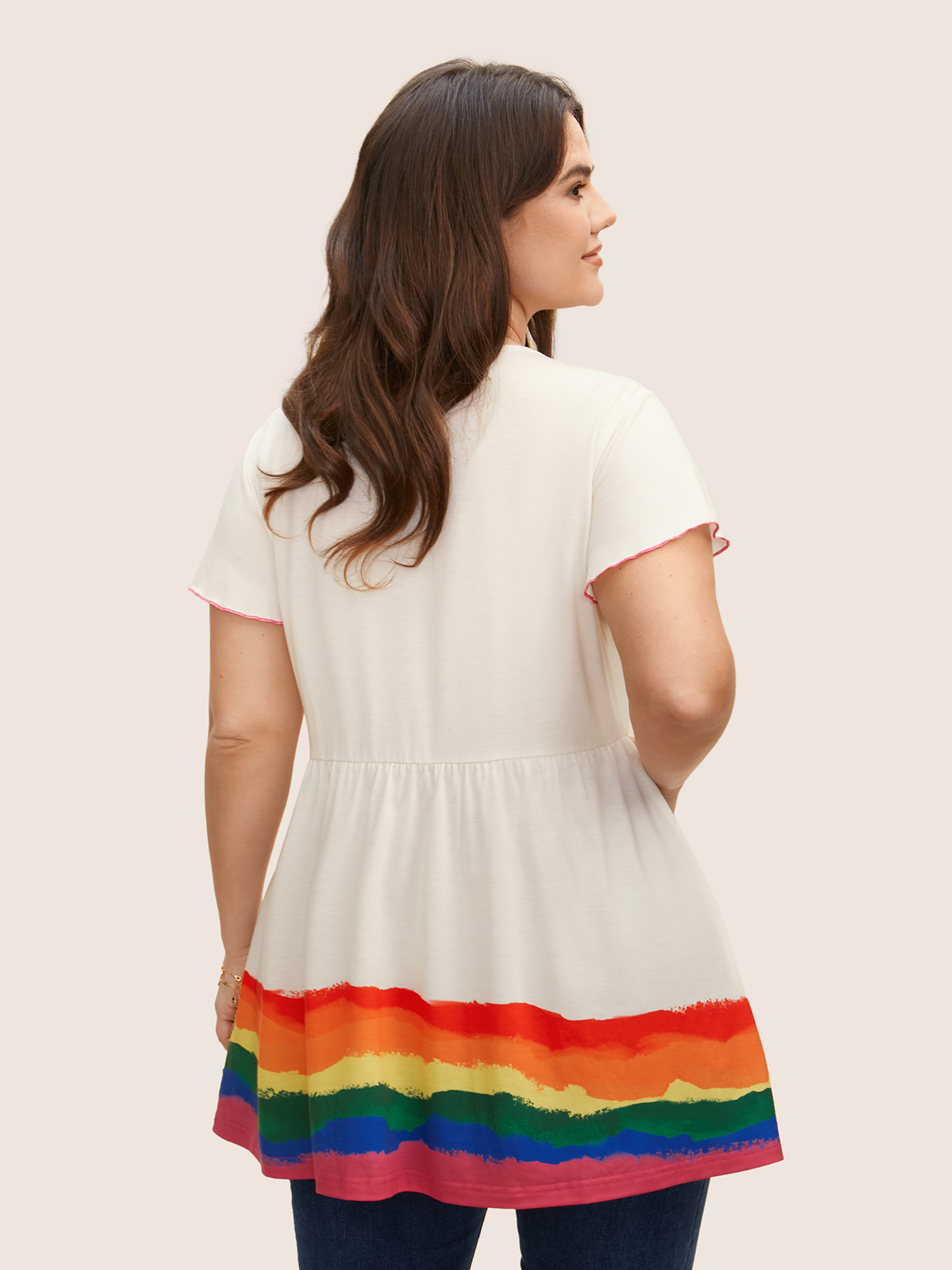 Plus Size V Neck Colorblock Contrast Ruffle Sleeve T-shirt WhiteSmoke Women Casual Contrast V-neck Everyday T-shirts BloomChic 10/M 
