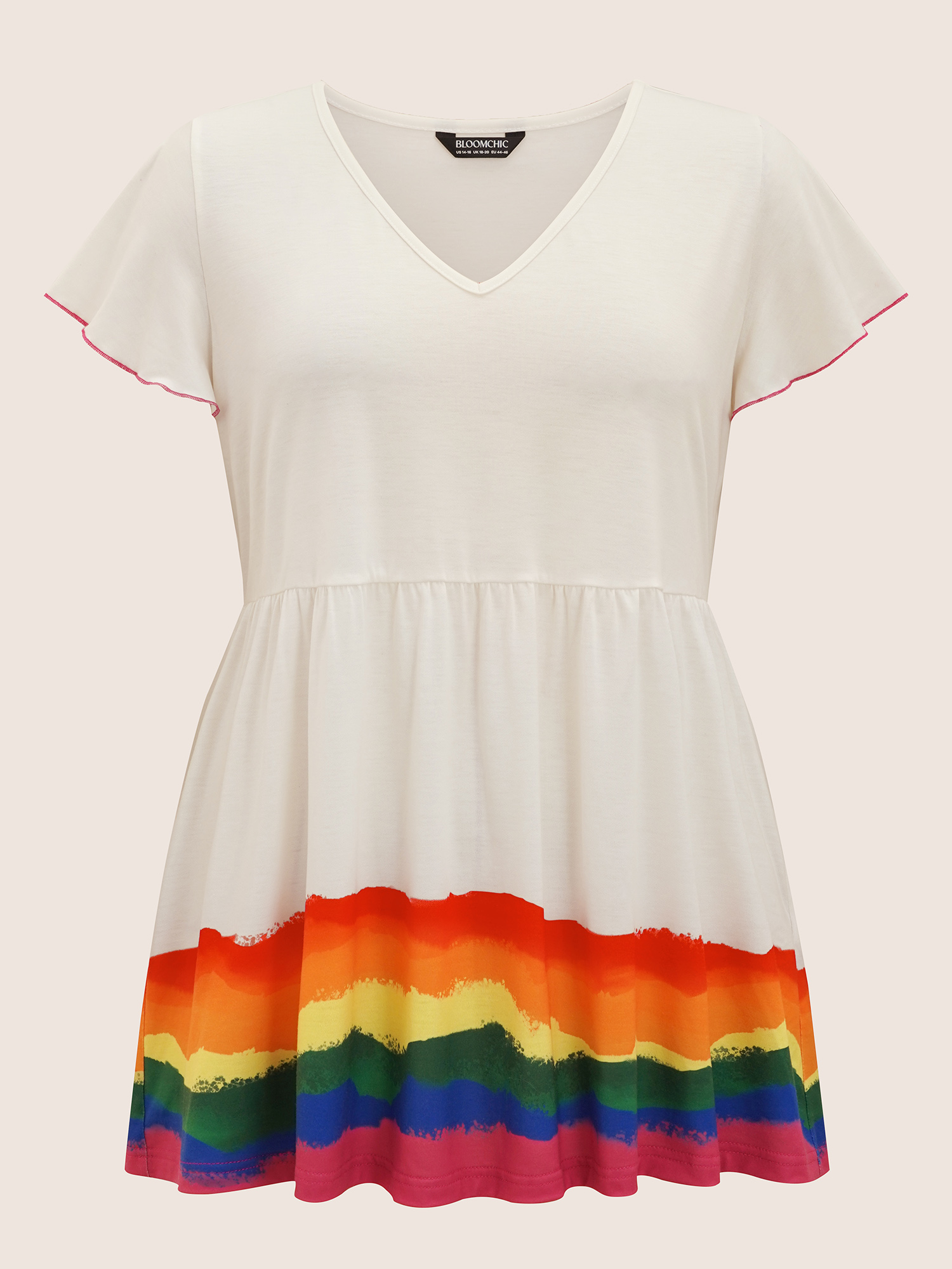Plus Size V Neck Colorblock Contrast Ruffle Sleeve T-shirt WhiteSmoke Women Casual Contrast V-neck Everyday T-shirts BloomChic 10/M 