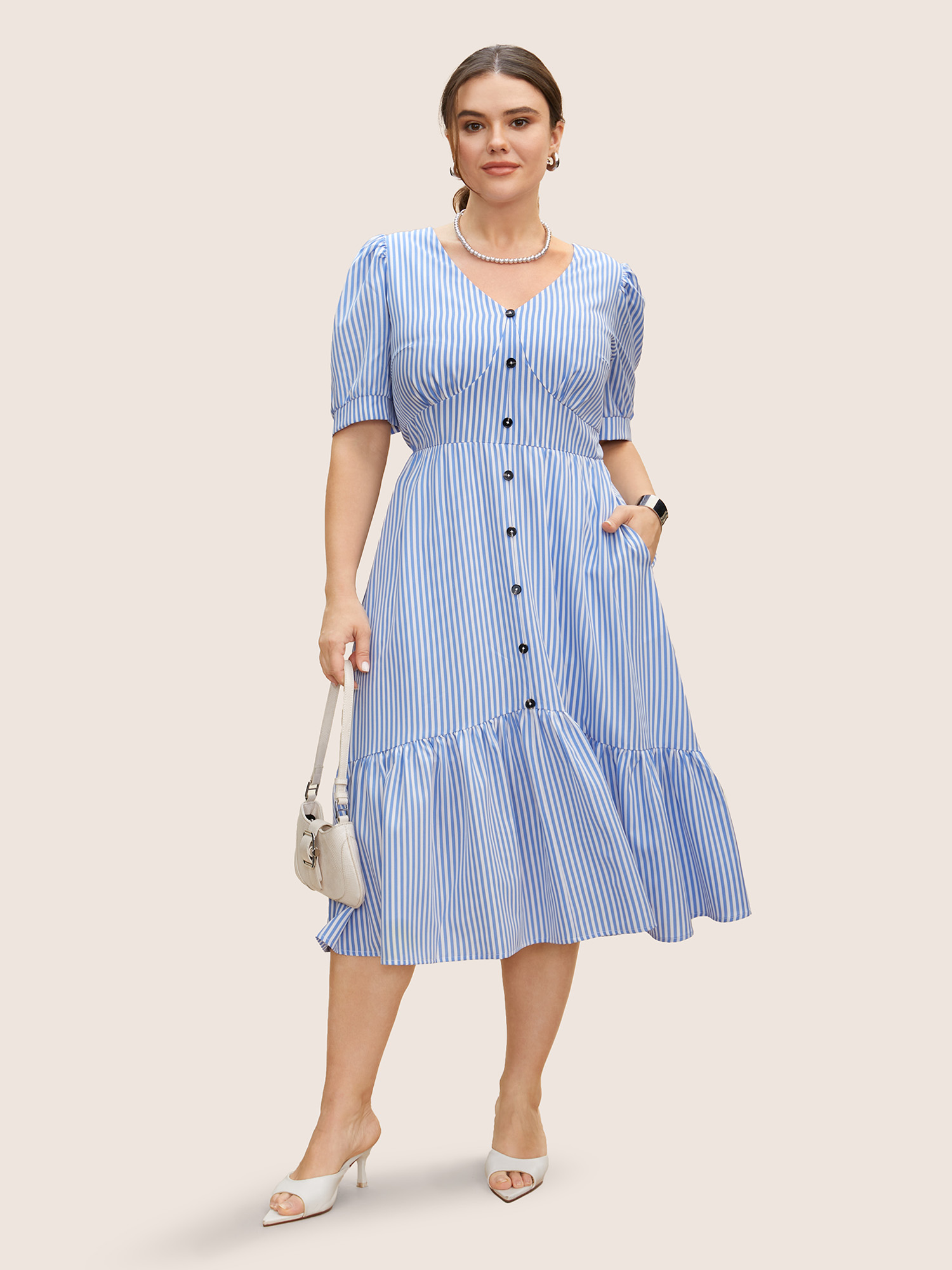 

Plus Size Striped Puff Sleeve Button Detail Midi Dress Skyblue Women Gathered V-neck Short sleeve Curvy BloomChic