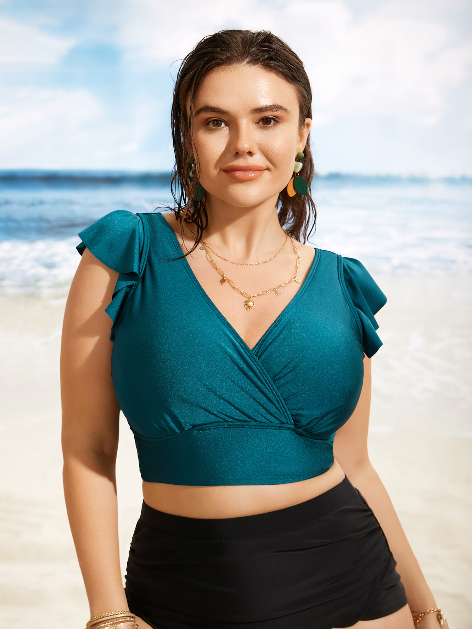 

Plus Size Solid Wrap Ruffle Cap Sleeve Swim Top Women's Swimwear Cyan Beach Pleated High stretch Skinny Overlap Collar Curve Swim Tops BloomChic