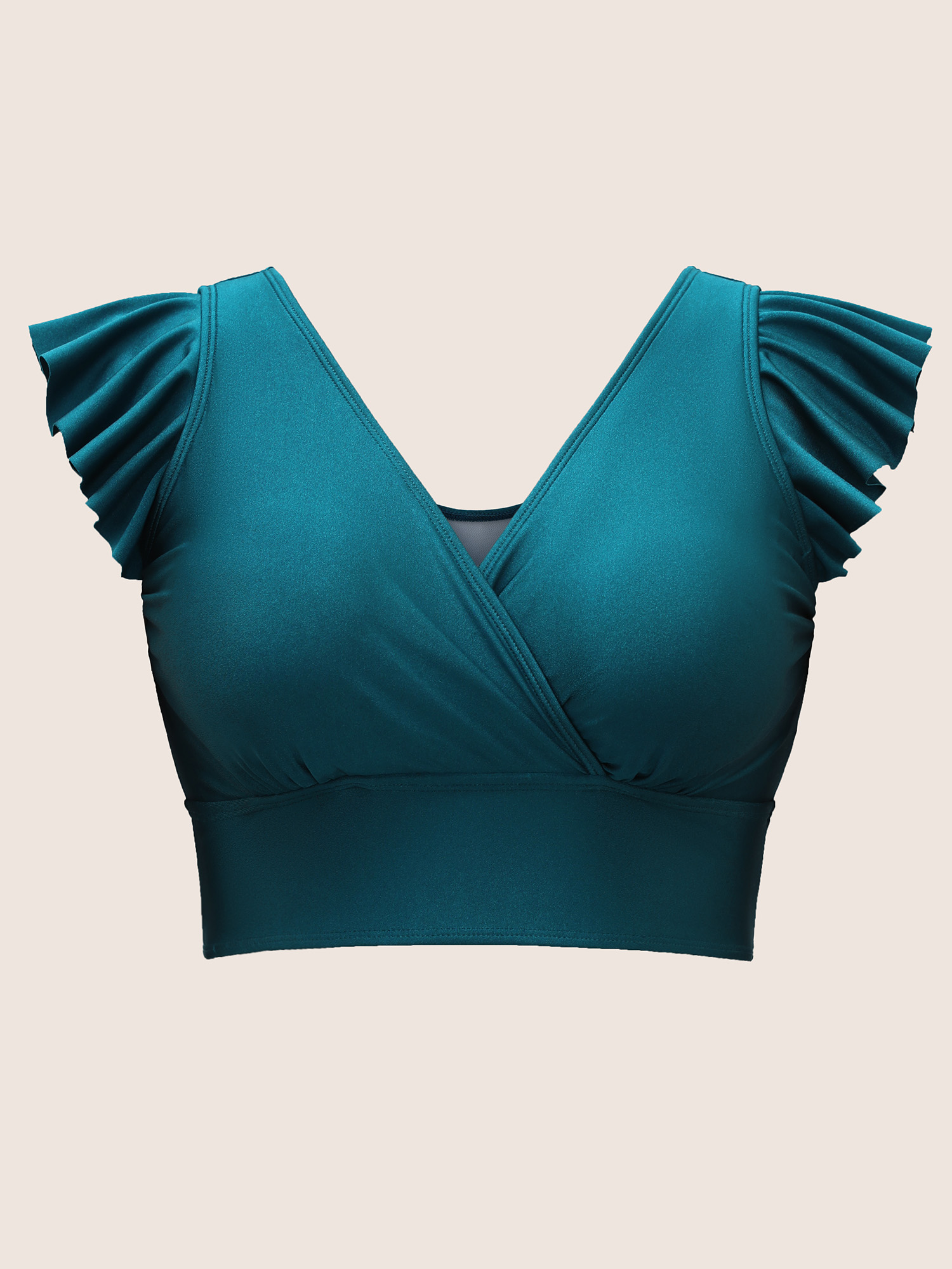 Plus Size Solid Wrap Ruffle Cap Sleeve Swim Top Women`s Swimwear Cyan Beach Pleated High stretch Skinny Overlap Collar Curve Swim Tops BloomChic 28/5X 