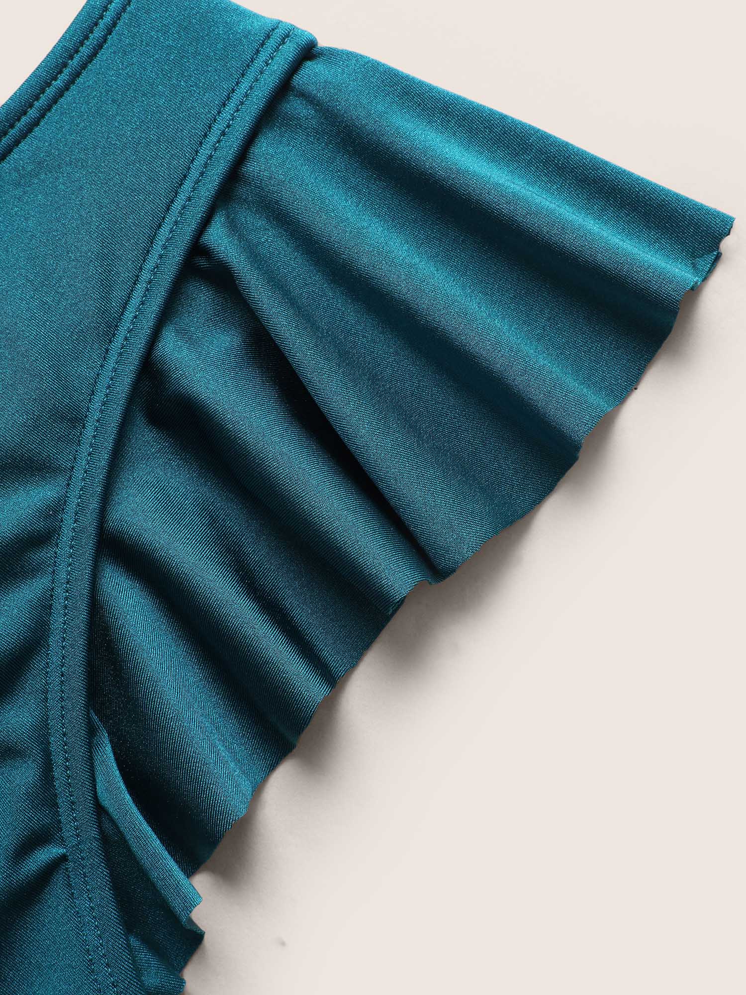 Plus Size Solid Wrap Ruffle Cap Sleeve Swim Top Women`s Swimwear Cyan Beach Pleated High stretch Skinny Overlap Collar Curve Swim Tops BloomChic 28/5X 