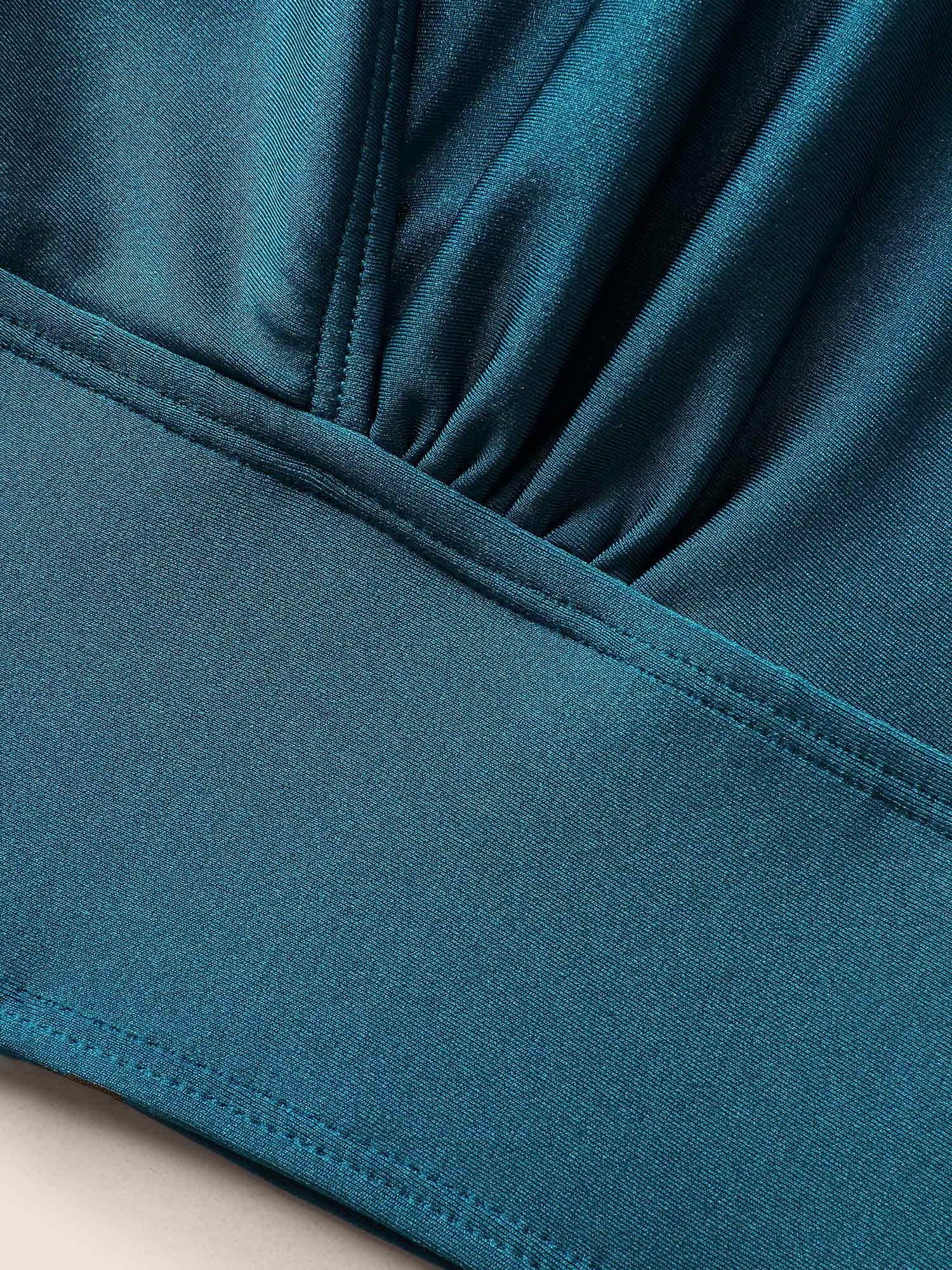 Plus Size Solid Wrap Ruffle Cap Sleeve Swim Top Women`s Swimwear Cyan Beach Pleated High stretch Skinny Overlap Collar Curve Swim Tops BloomChic 28/5X 