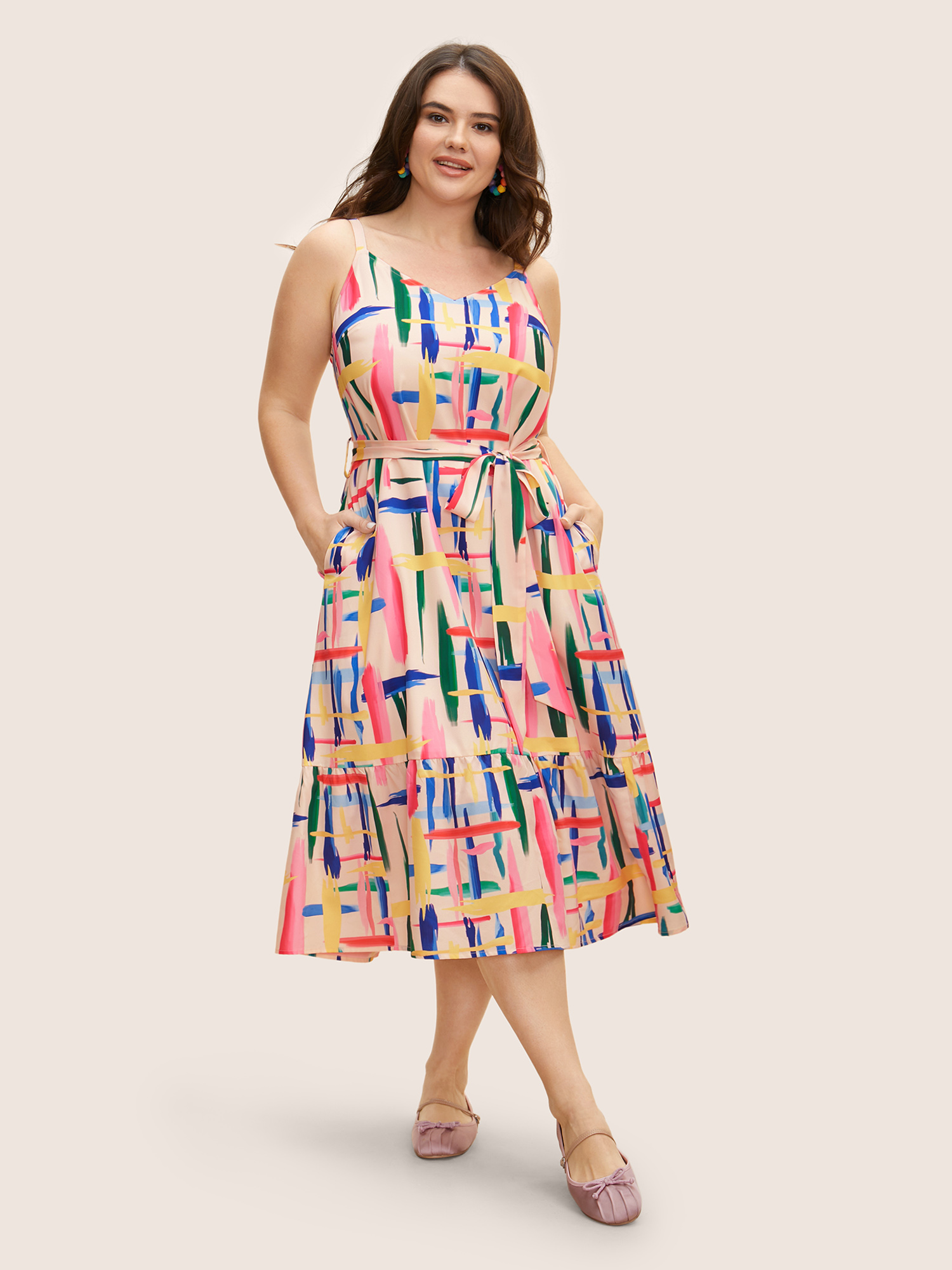 

Plus Size Colored Brush Print Belted Midi Cami Dress Multicolor Women Casual Belted V-neck Sleeveless Curvy BloomChic