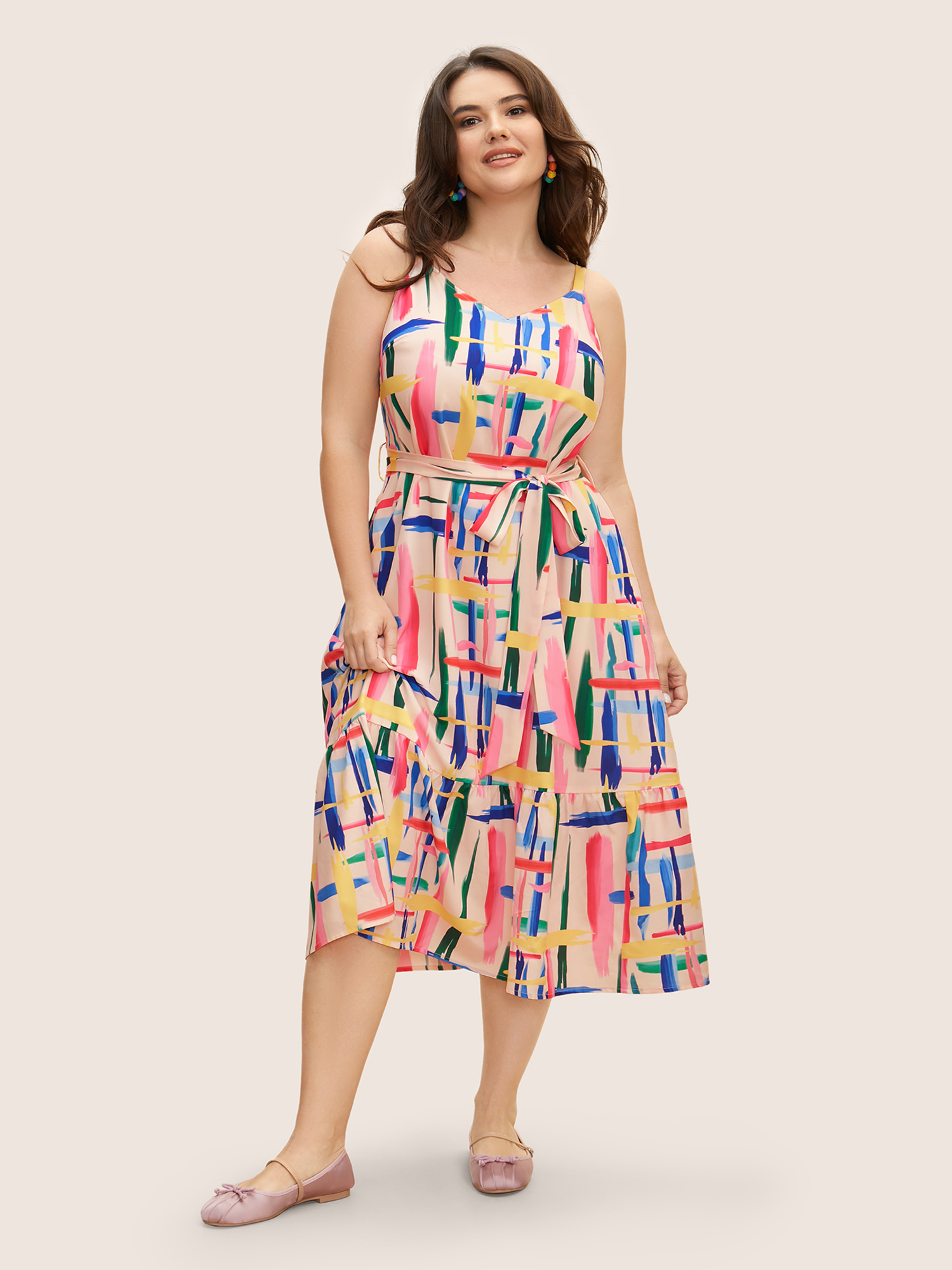 

Plus Size Colored Brush Print Belted Midi Cami Dress Multicolor Women Belted V-neck Sleeveless Curvy BloomChic