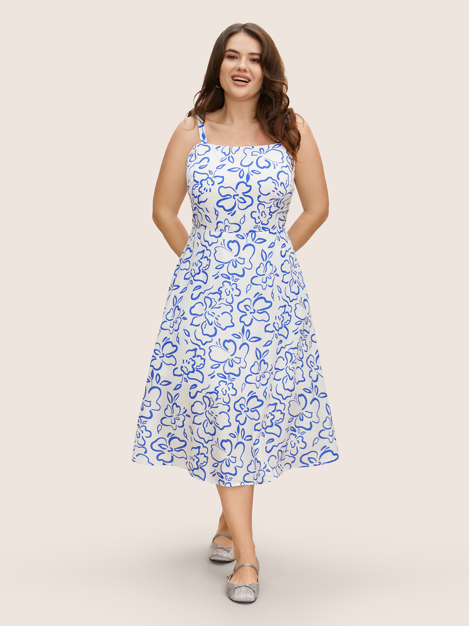 

Plus Size Floral Print Elastic Waist Sleeveless Midi Dress Skyblue Women Non Non Sleeveless Curvy BloomChic