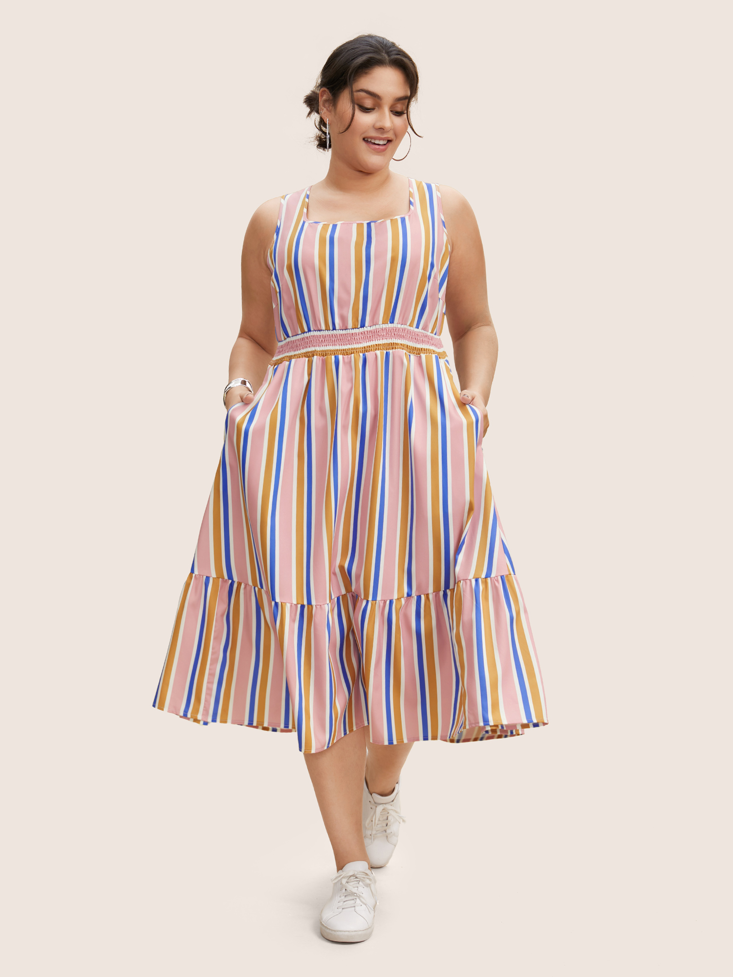 

Plus Size Contrast Striped Shirred Ruffle Hem Midi Dress Multicolor Women Shirred Square Neck Sleeveless Curvy BloomChic