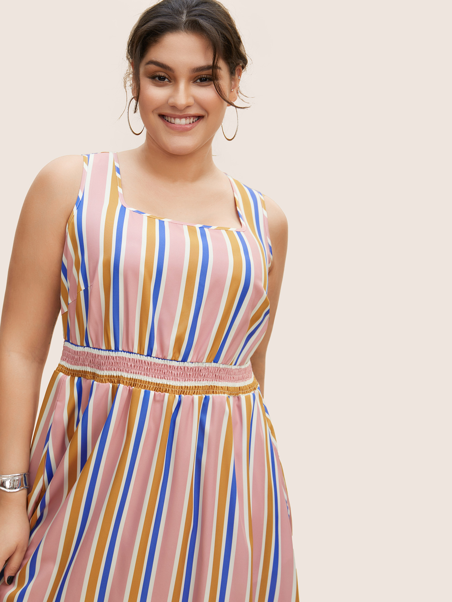 Plus Size Contrast Striped Shirred Ruffle Hem Midi Dress Multicolor Women Shirred Square Neck Sleeveless Curvy BloomChic 10/M 