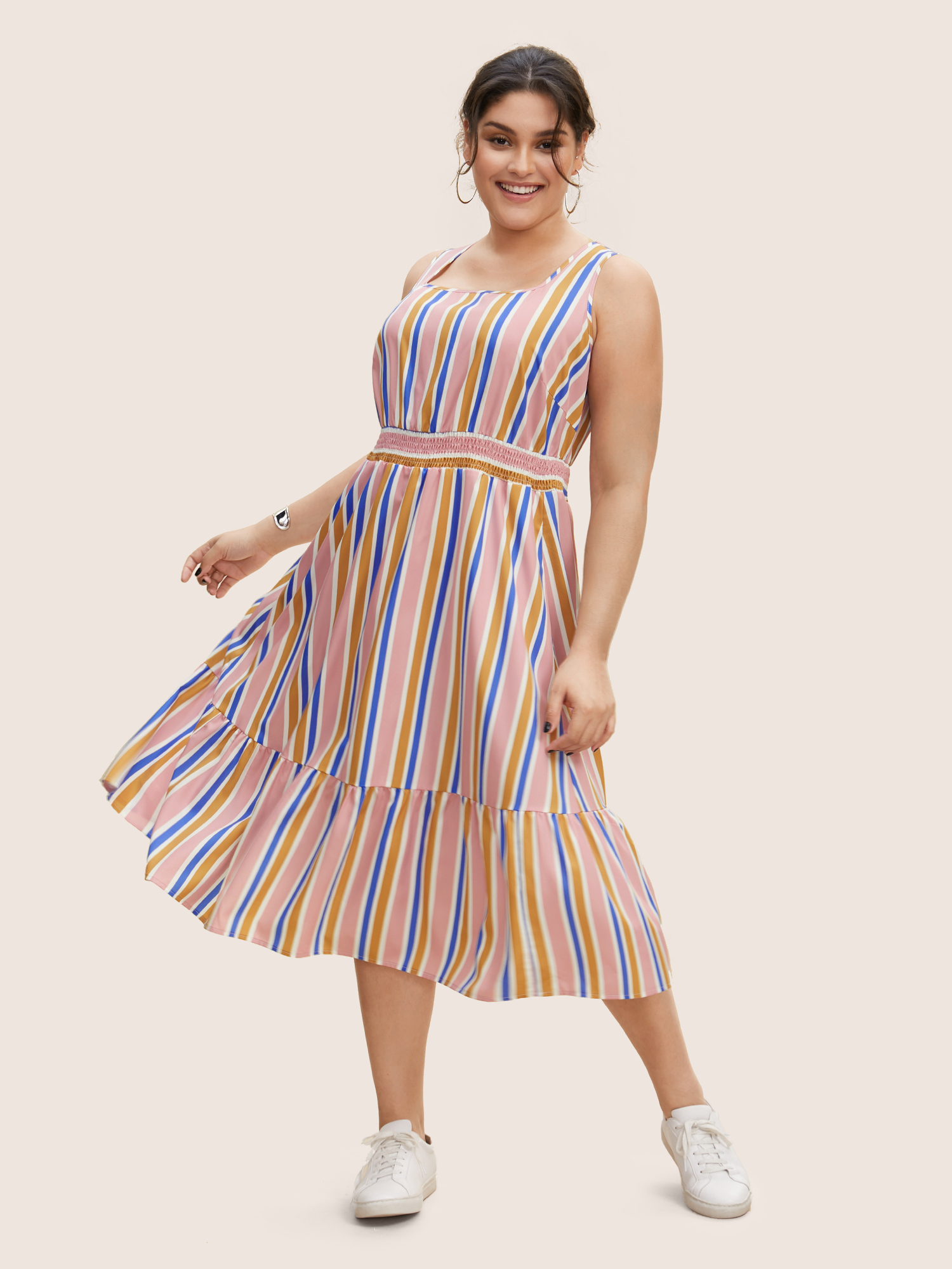 Plus Size Contrast Striped Shirred Ruffle Hem Midi Dress Multicolor Women Shirred Square Neck Sleeveless Curvy BloomChic 10/M 