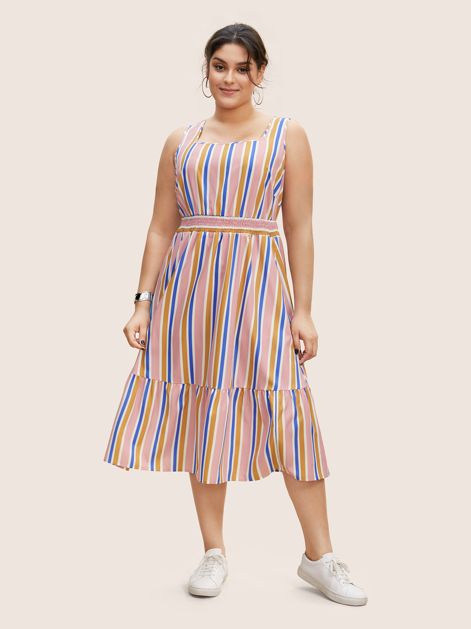 Plus Size Contrast Striped Shirred Ruffle Hem Midi Dress Multicolor Women Shirred Square Neck Sleeveless Curvy BloomChic 10/M 
