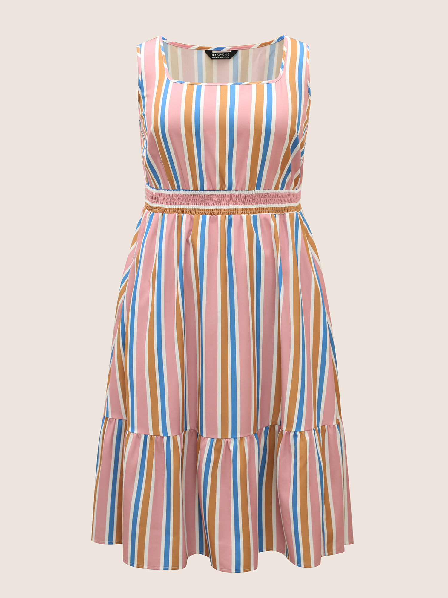 Plus Size Contrast Striped Shirred Ruffle Hem Midi Dress Multicolor Women Shirred Square Neck Sleeveless Curvy BloomChic 10/M 