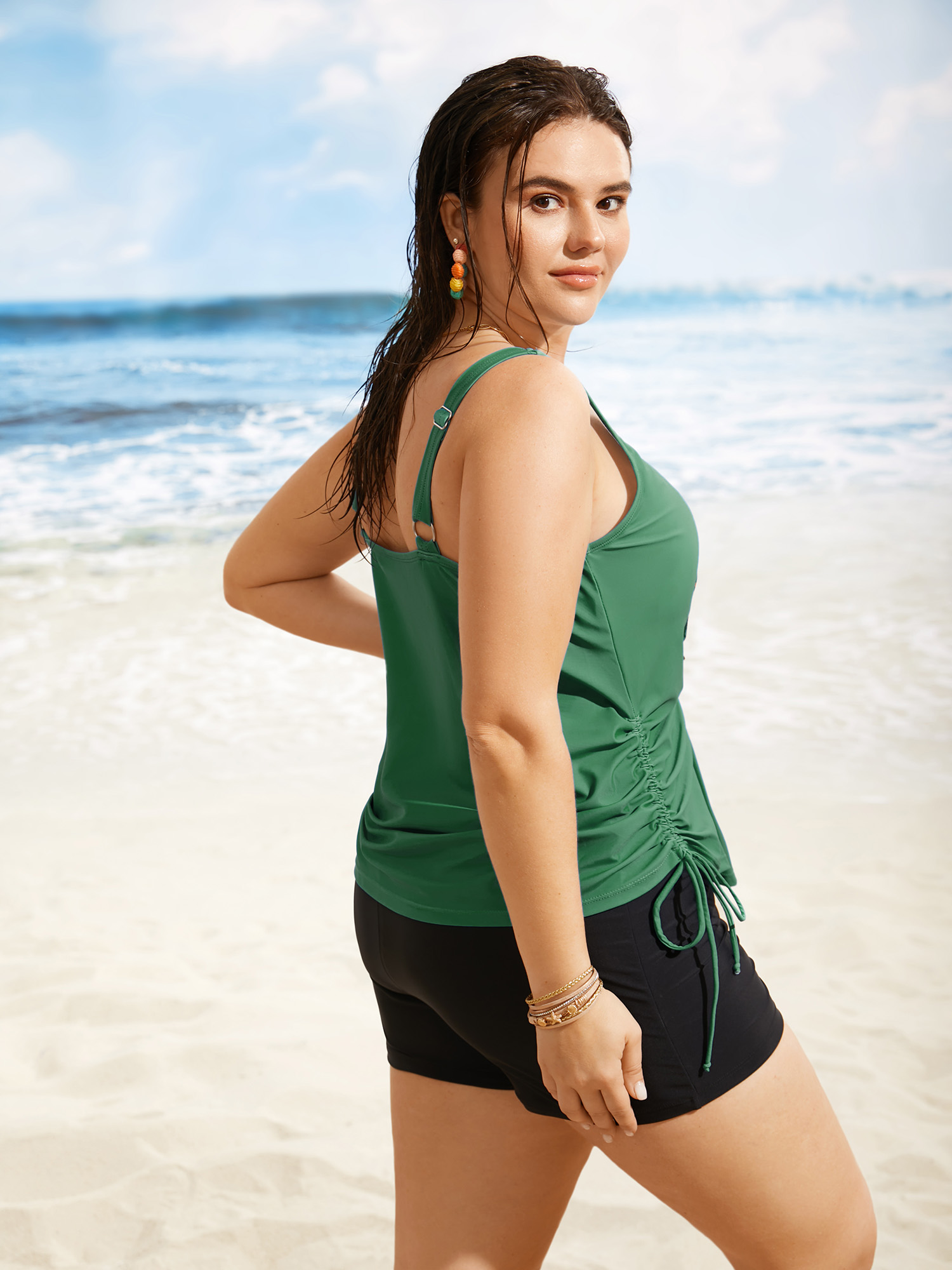 Plus Size Crew Neck Contrast Tropical Print Drawstring Swim Top Women`s Swimwear Emerald Beach Contrast High stretch Loose U-neck Curve Swim Tops BloomChic 22-24/3X 
