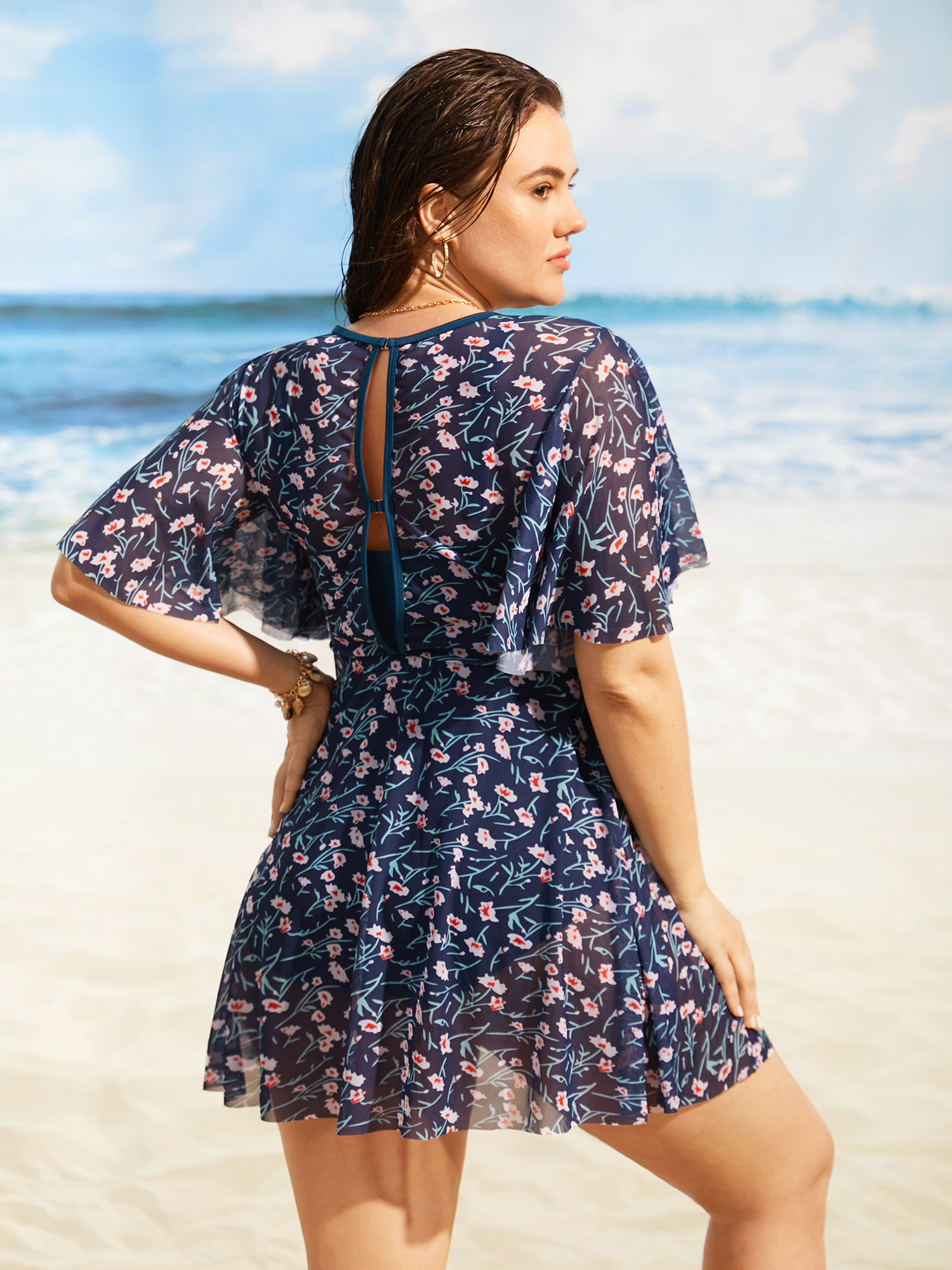 

Plus Size Ditsy Floral Ruffle Sleeve Cut Out Swim Dress Women's Swimwear Aegean Beach Bodycon Round Neck High stretch Curve Swim Dresses BloomChic