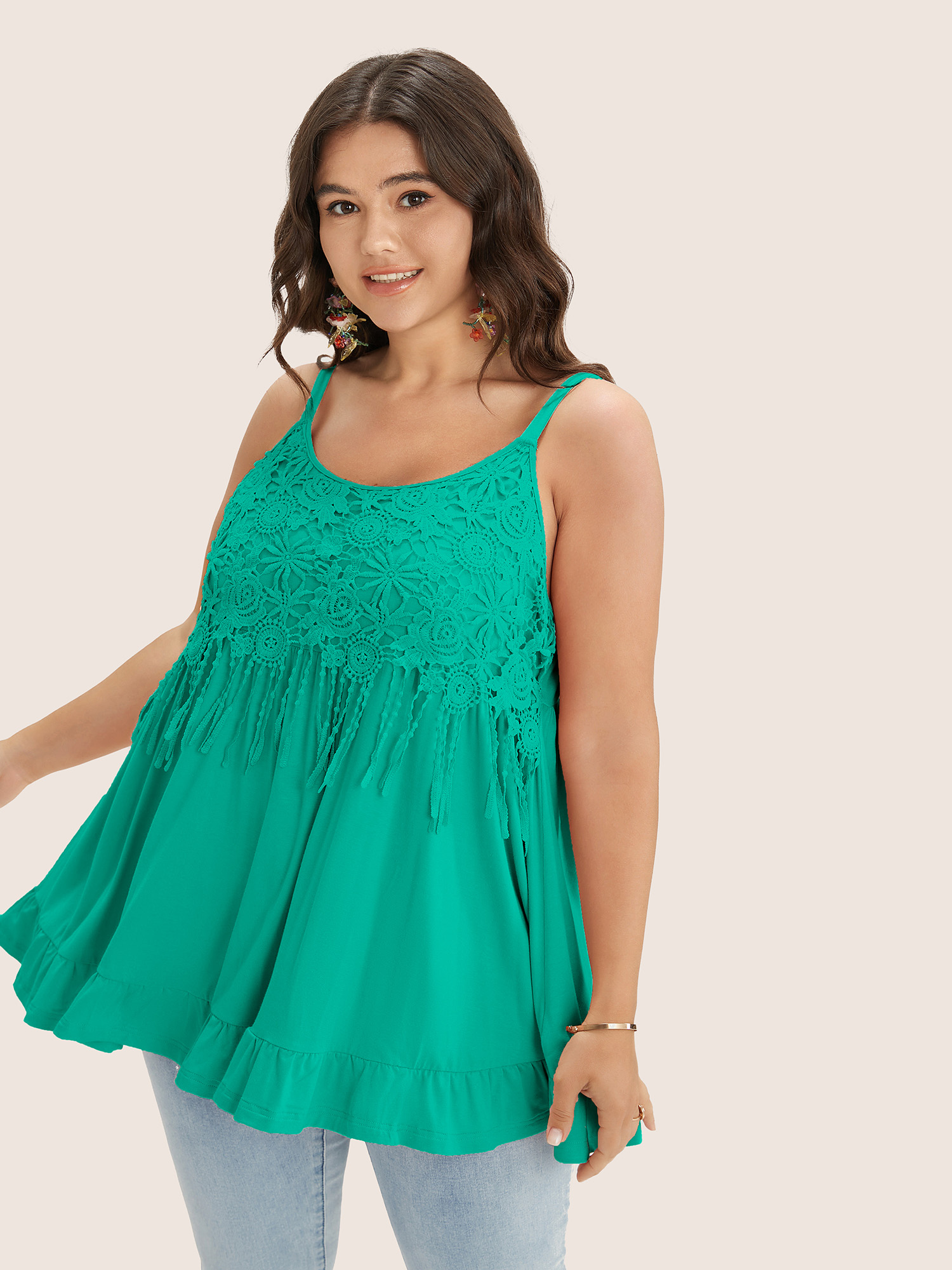 

Plus Size Plain Contrast Lace Ruffle Hem Cami Top Women Turquoise Elegant Non Everyday Tank Tops Camis BloomChic